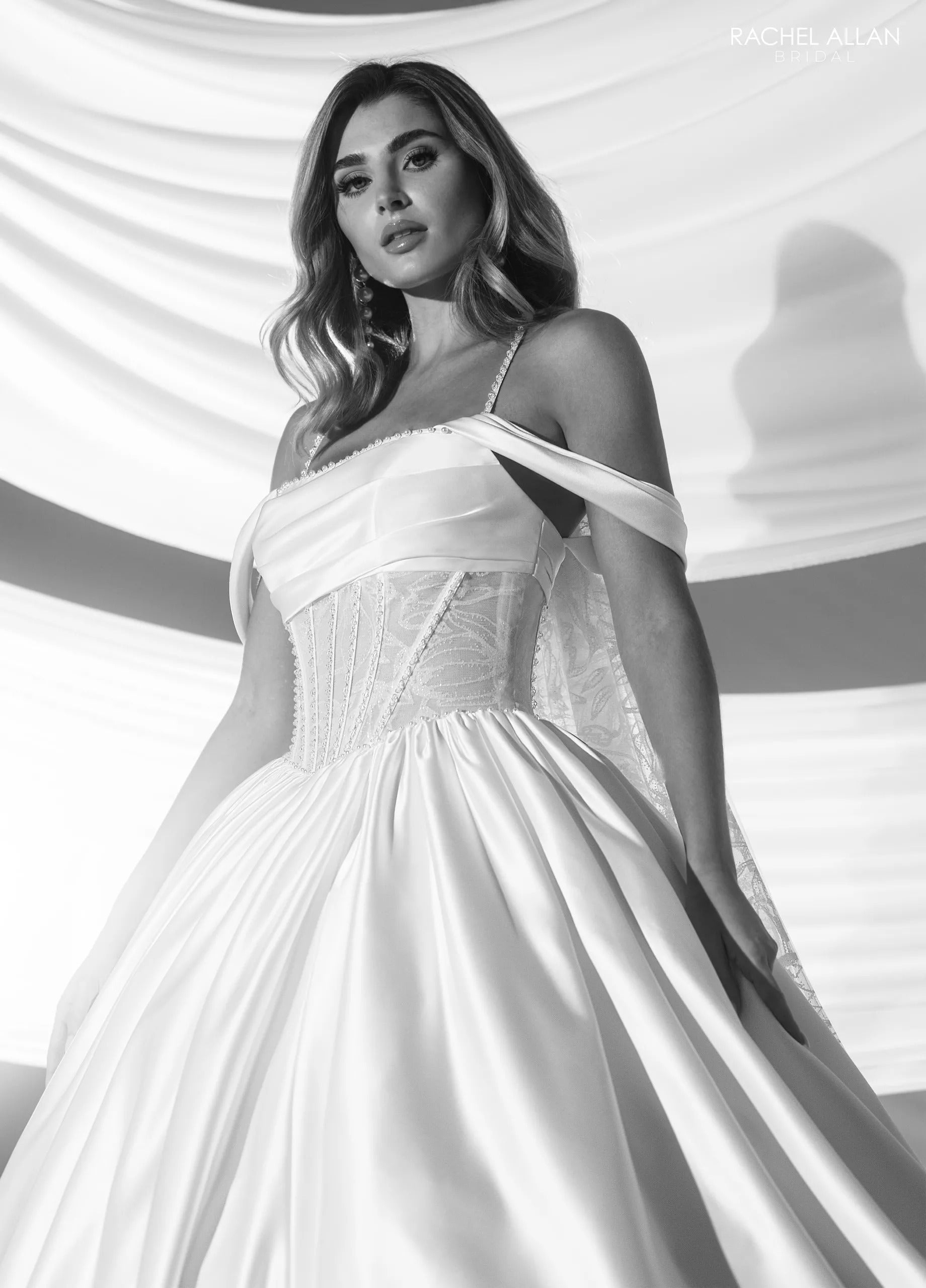 Ivory Square Neck Floor-Length Satin Bridal Ball Gown with Sheer Corset Bodice Rachel Allan RB6179