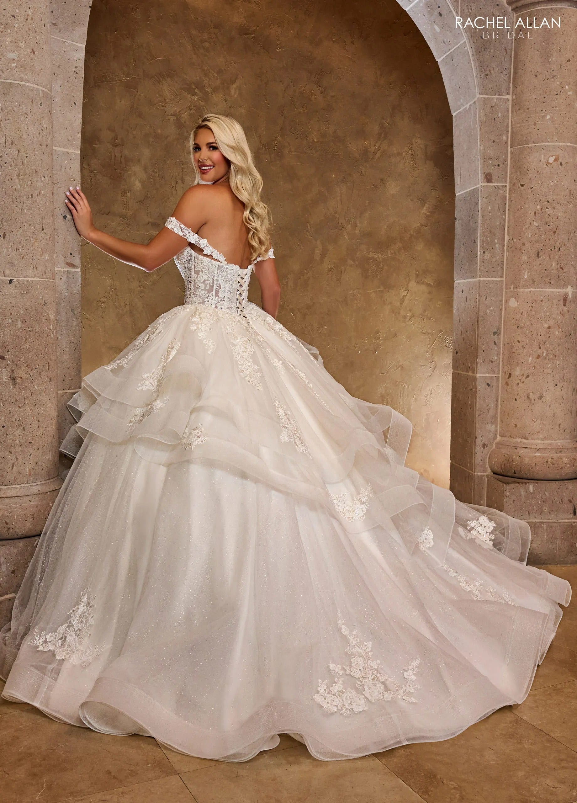 Ivory Off-the-Shoulder Floor-Length Tulle Bridal Tiered Ruffle Ball Gown Rachel Allan RB6142