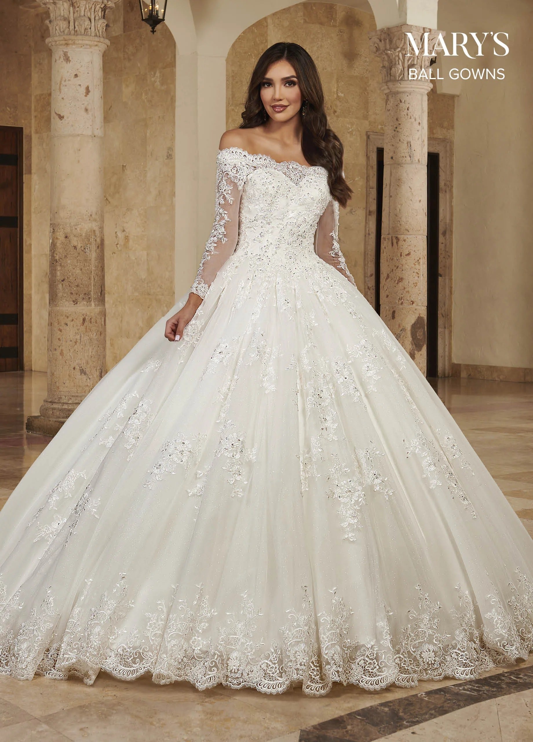 Ivory Off-the-Shoulder Floor-Length Shimmer Tulle Wedding Dress with Illusion Sleeves Rachel Allan MB6089 Rachel Allan MB6089