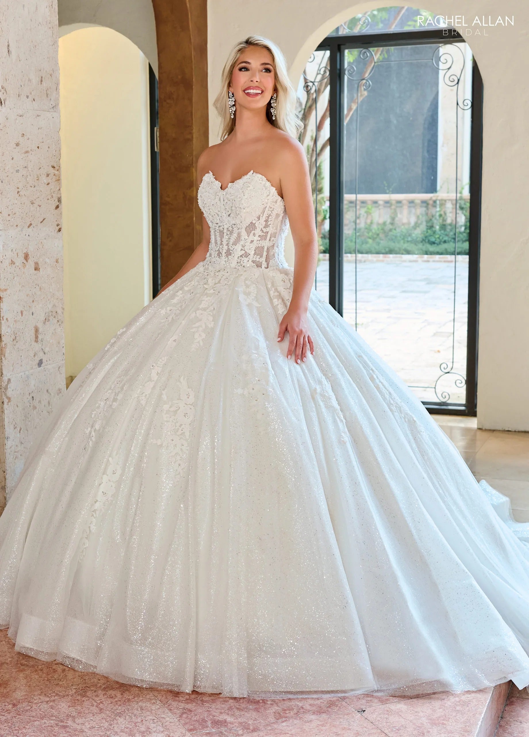 Ivory Sweetheart Floor-Length Glitter Tulle Bridal Ball Gown with Sheer Corset Rachel Allan RB6136