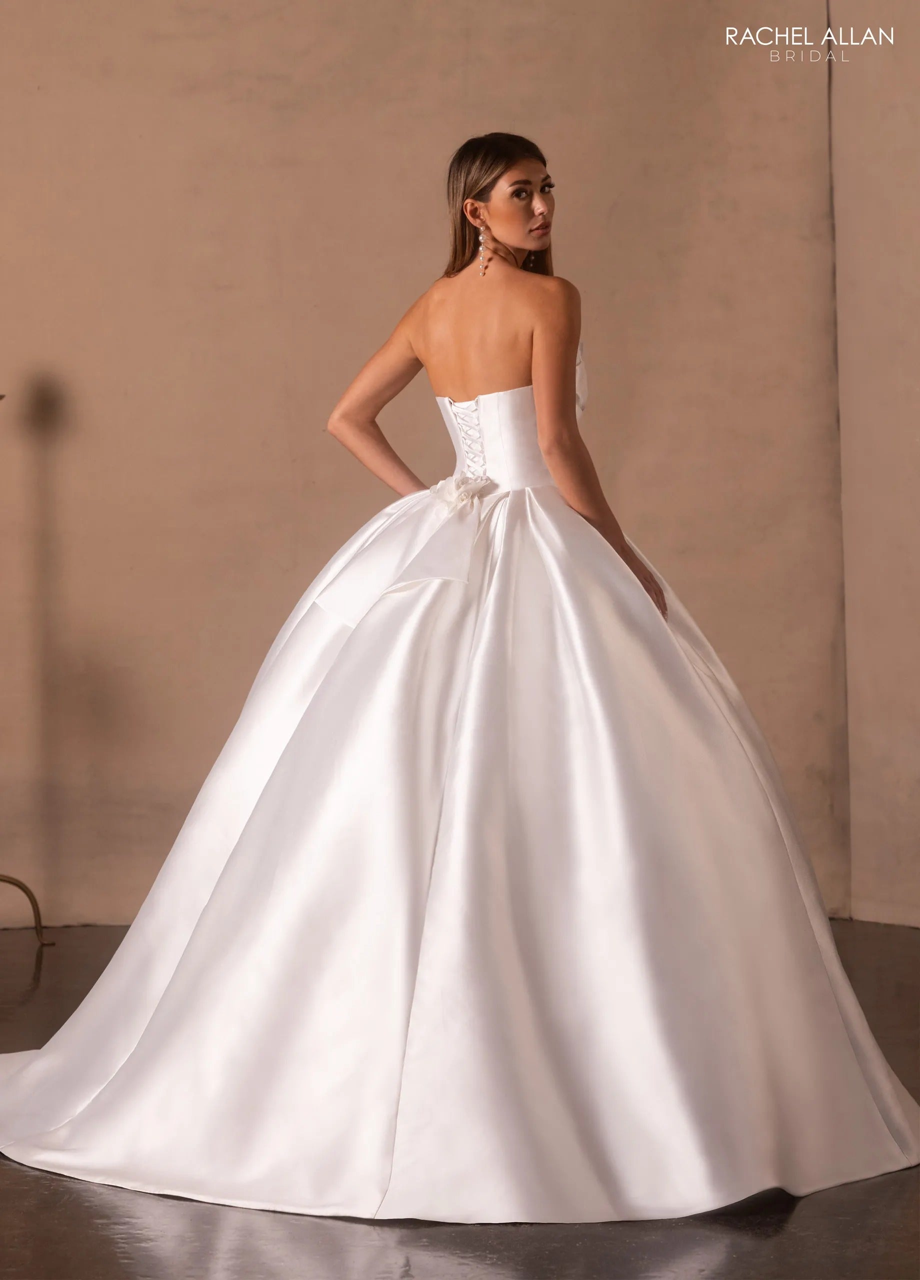 Ivory Strapless Floor-Length Satin Bridal Ball Gown with Bow Bodice and Floral Detail Rachel Allan RB6175