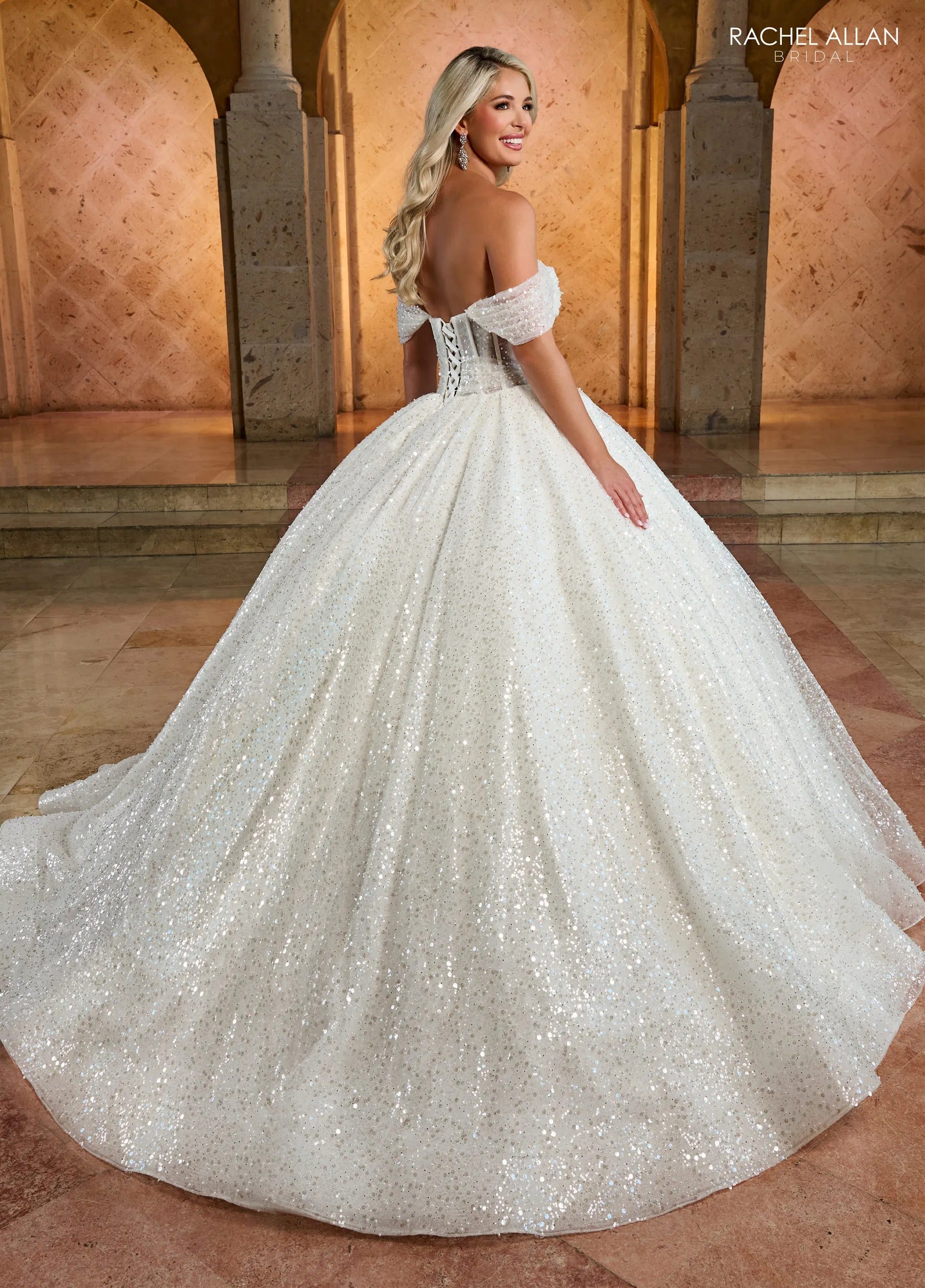 Ivory Off-the-Shoulder Floor-Length Sequin Bridal Ball Gown with Corset Back Rachel Allan RB6134