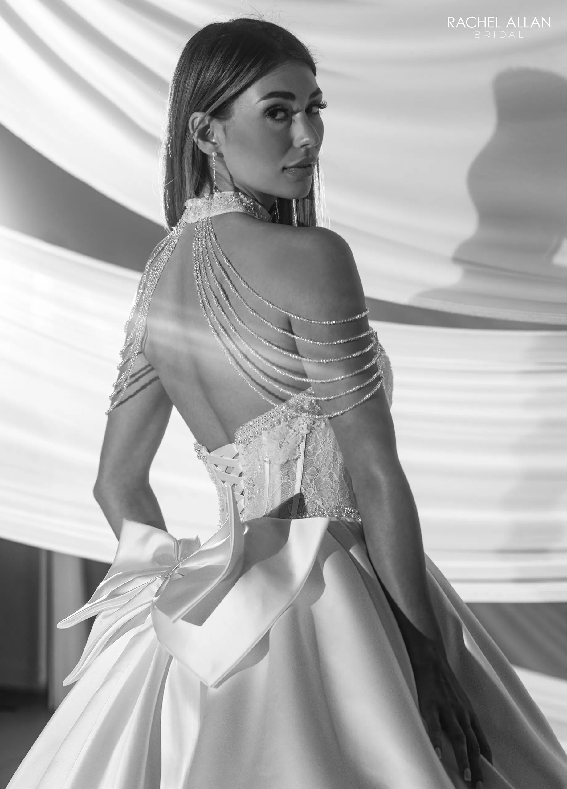Ivory Square Neck Floor-Length Shimmer Tulle Bridal Ball Gown with Tiered Ruffle Skirt Rachel Allan RB6183