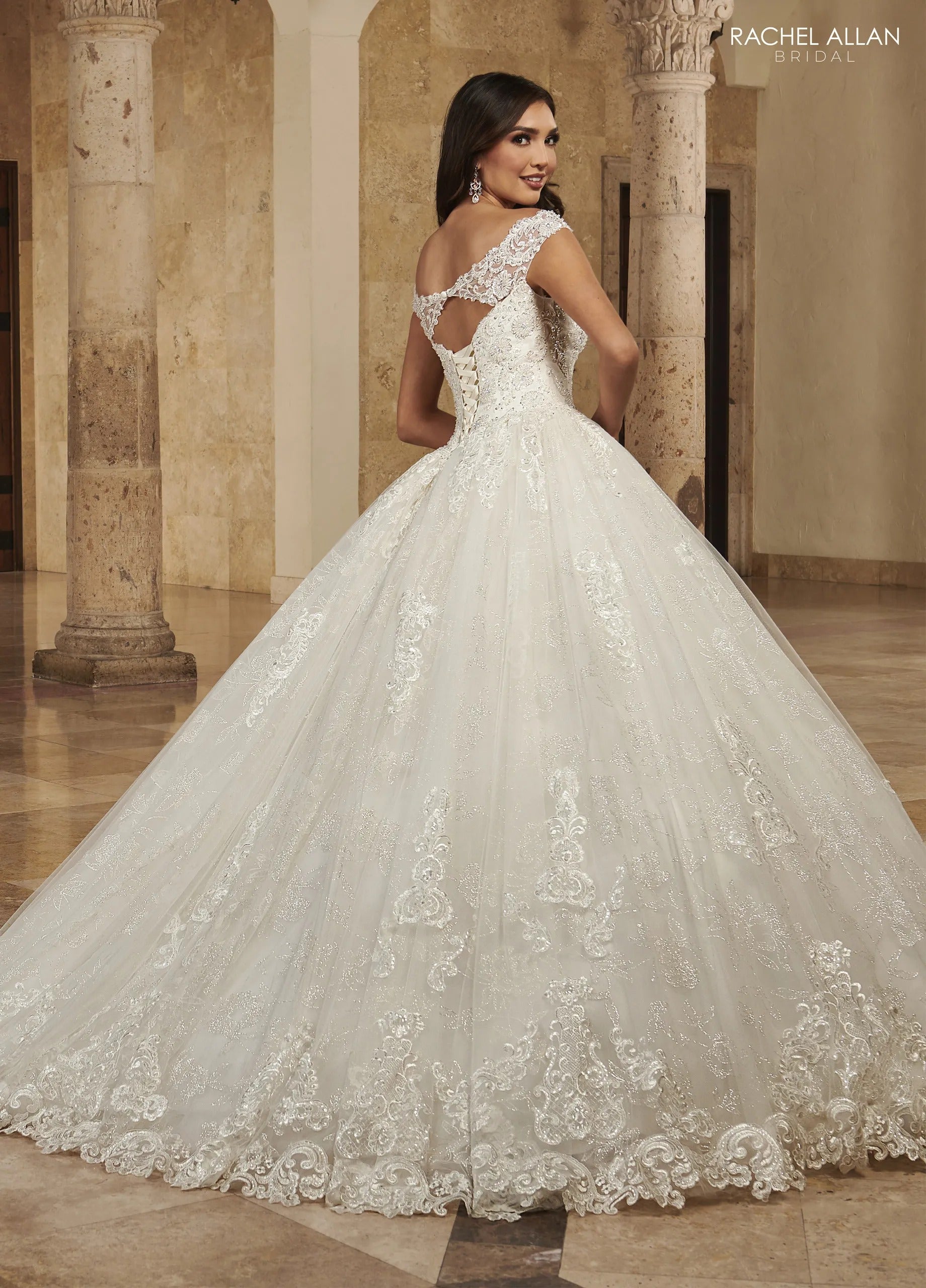 Ivory Boat Neck Floor-Length Shimmer Lace Wedding Ball Gown with Keyhole Back Rachel Allan MB6083 Rachel Allan MB6083