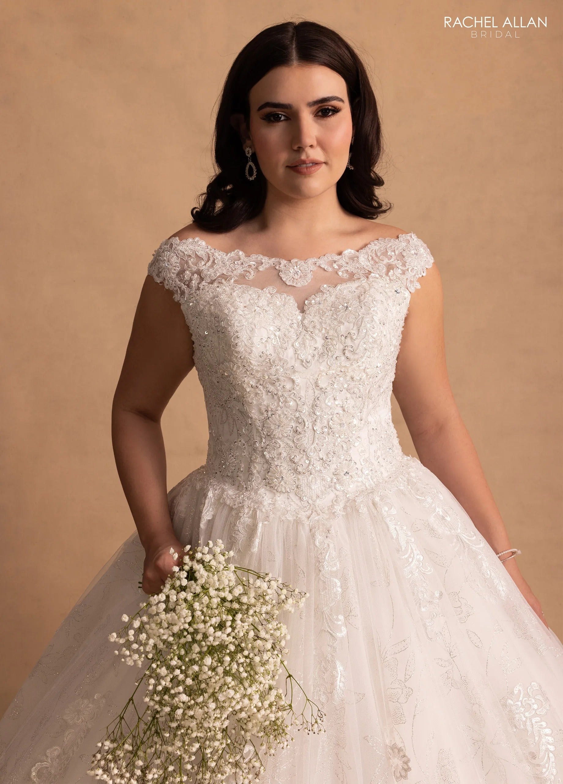 Ivory Boat Neck Floor-Length Shimmer Lace Wedding Ball Gown with Keyhole Back Rachel Allan MB6083 Rachel Allan MB6083