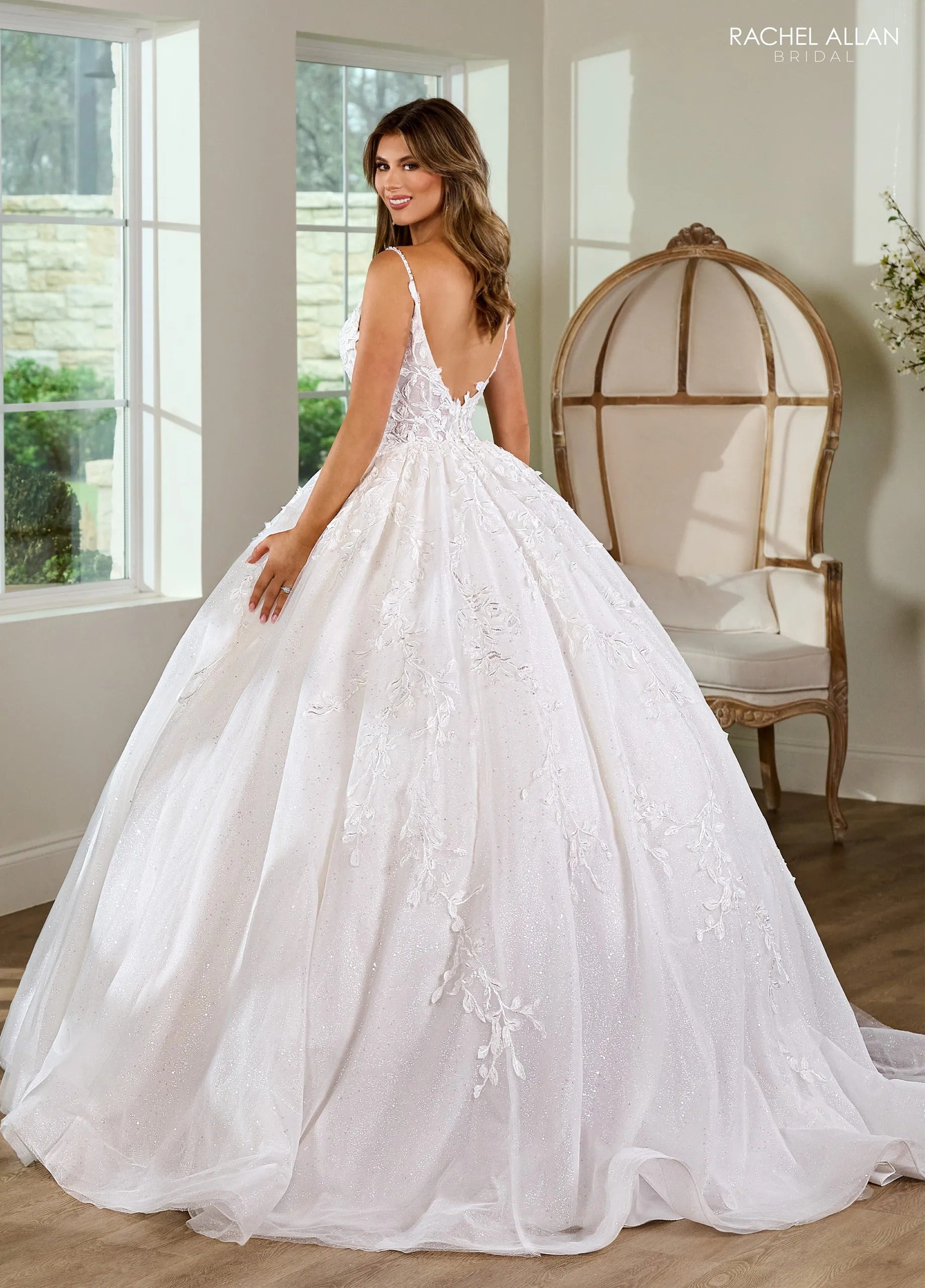 Ivory Nude V-Neck Floor-Length Glitter Tulle and Lace Bridal Ball Gown with Sheer Side Panels Rachel Allan RB6151