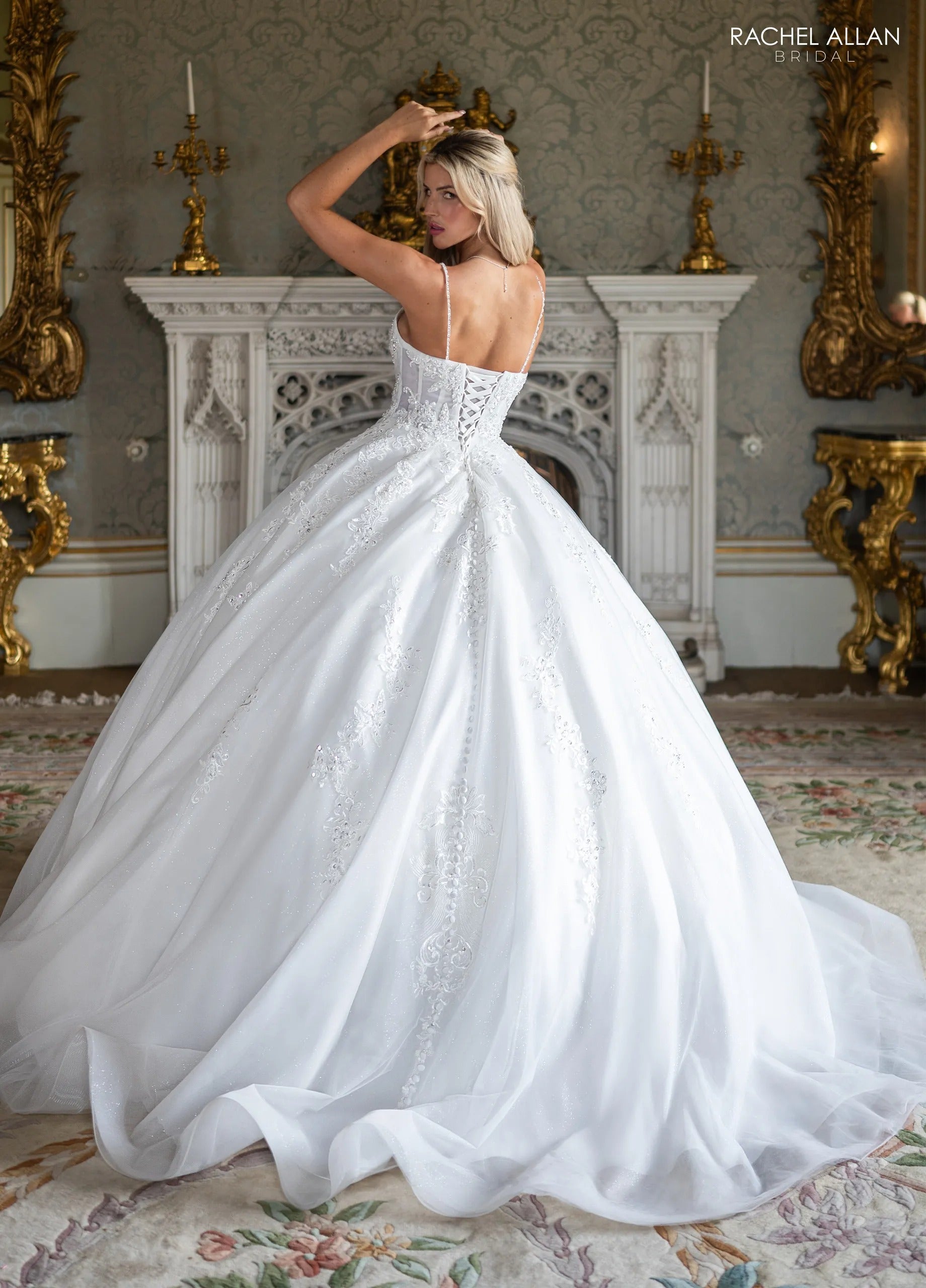 Ivory V-Neck Floor-Length Tulle Wedding Dress Ball Gown with Lace Embroidery Rachel Allan RB6196