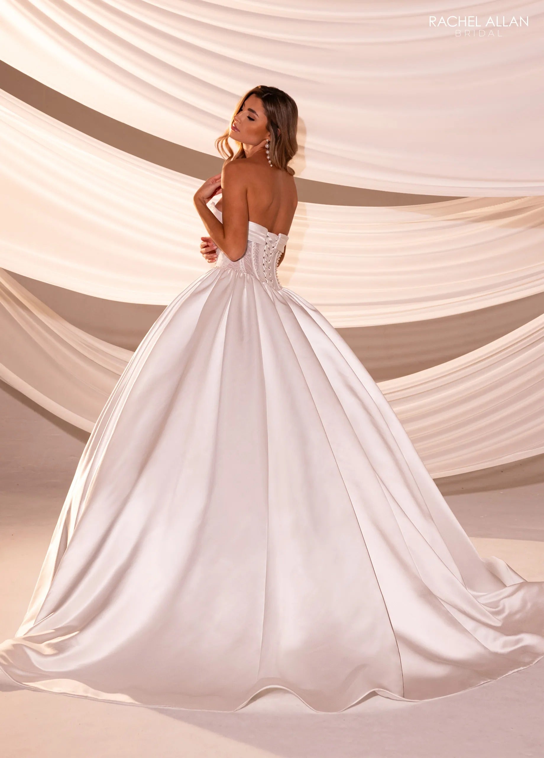 Ivory Square Neck Floor-Length Satin Bridal Ball Gown with Sheer Corset Bodice Rachel Allan RB6179