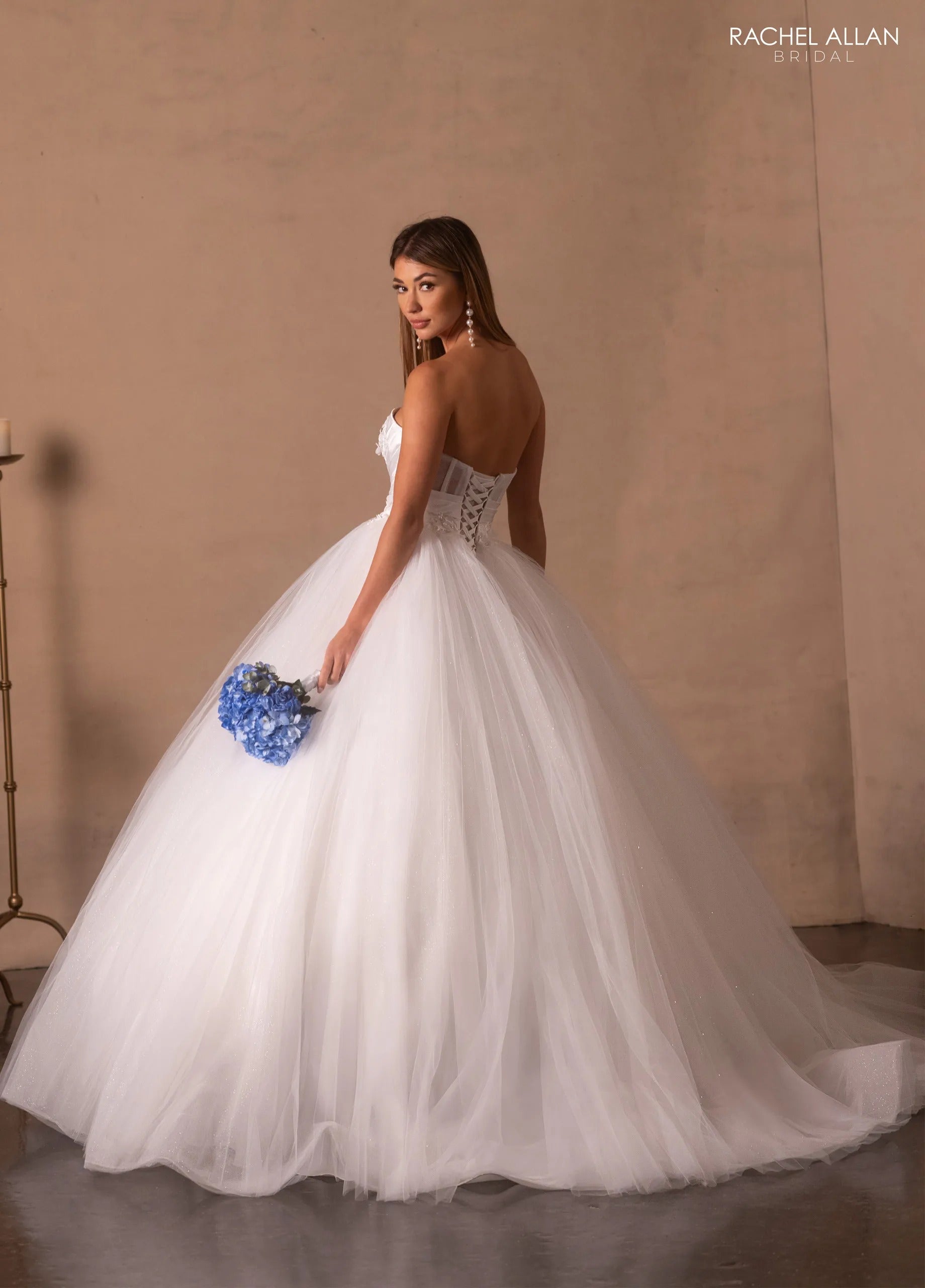 Ivory Square Neck Floor-Length Shimmer Tulle Bridal Ball Gown with Bow Shoulder Straps Rachel Allan RB6182