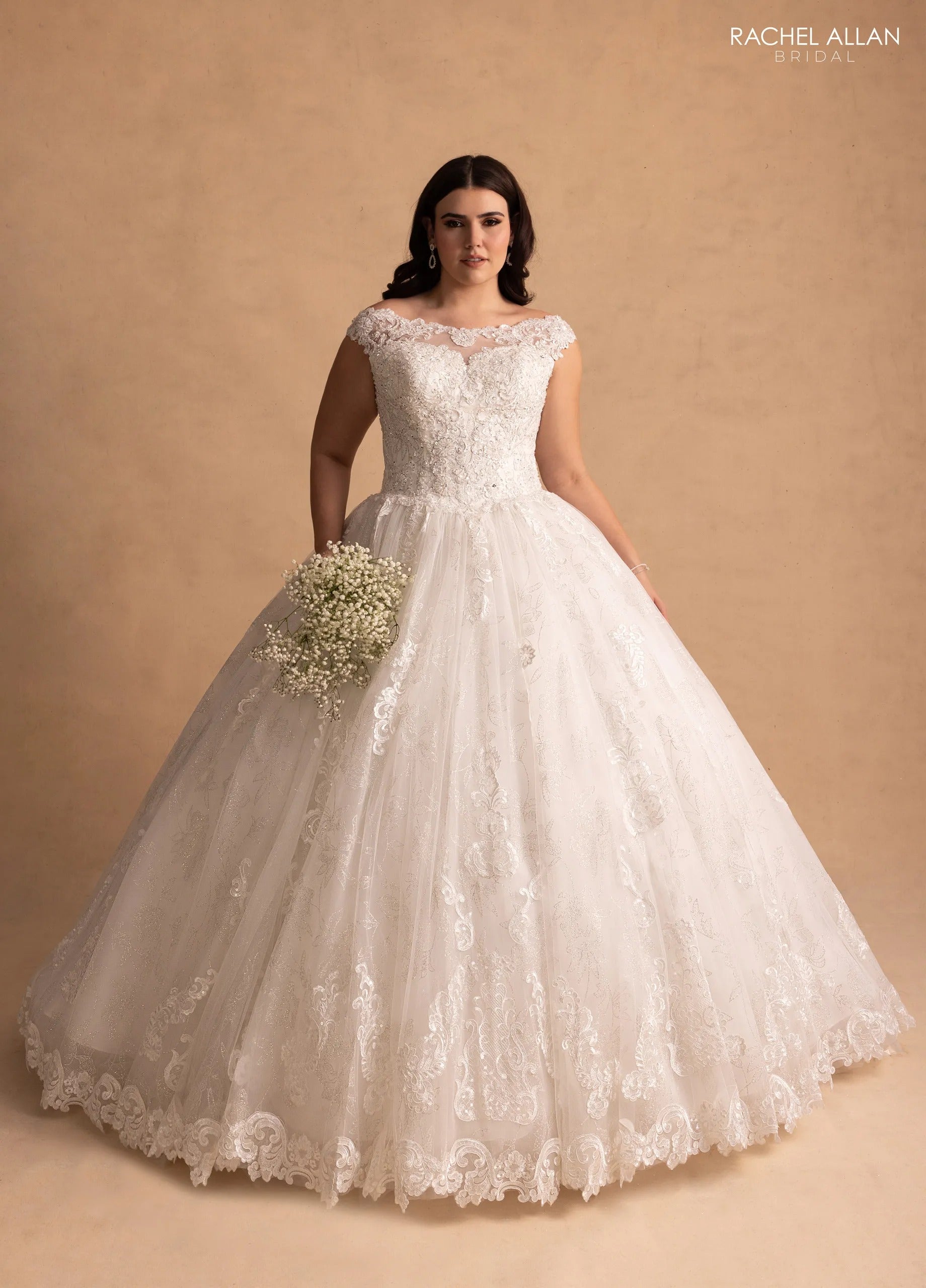 Ivory Boat Neck Floor-Length Shimmer Lace Wedding Ball Gown with Keyhole Back Rachel Allan MB6083 Rachel Allan MB6083