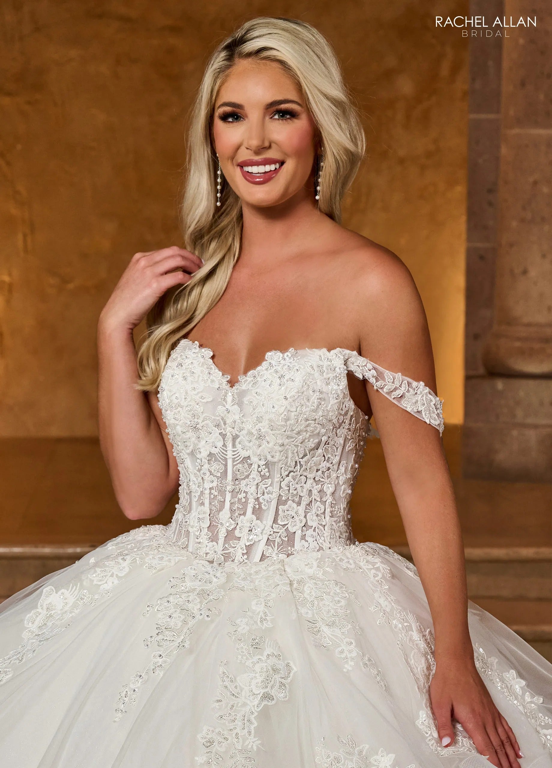 Ivory Off-the-Shoulder Floor-Length Tulle Bridal Tiered Ruffle Ball Gown Rachel Allan RB6142