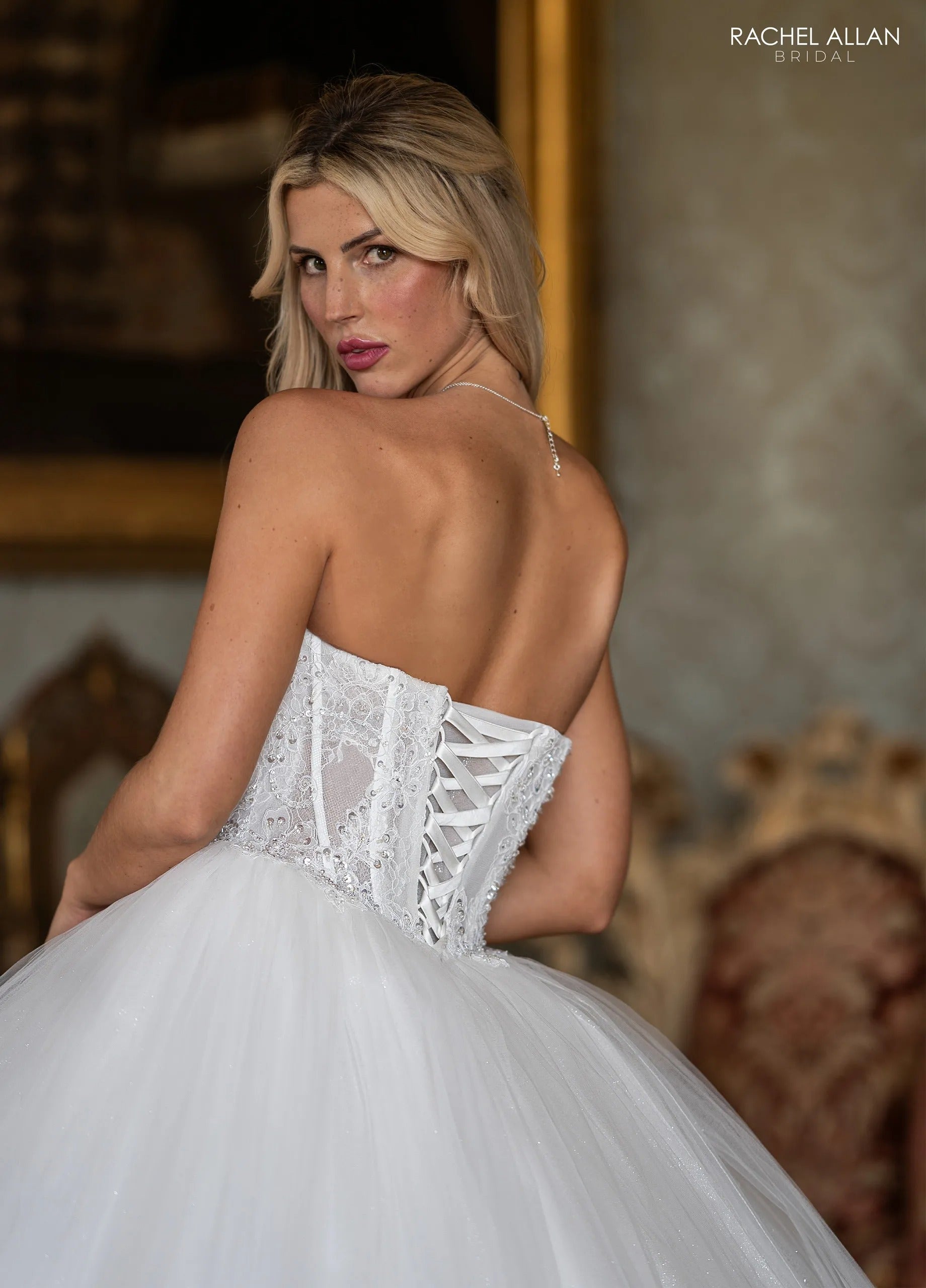 Ivory Sweetheart Floor-Length Tulle Wedding Dress Ball Gown with Puff Sleeves Rachel Allan RB6191