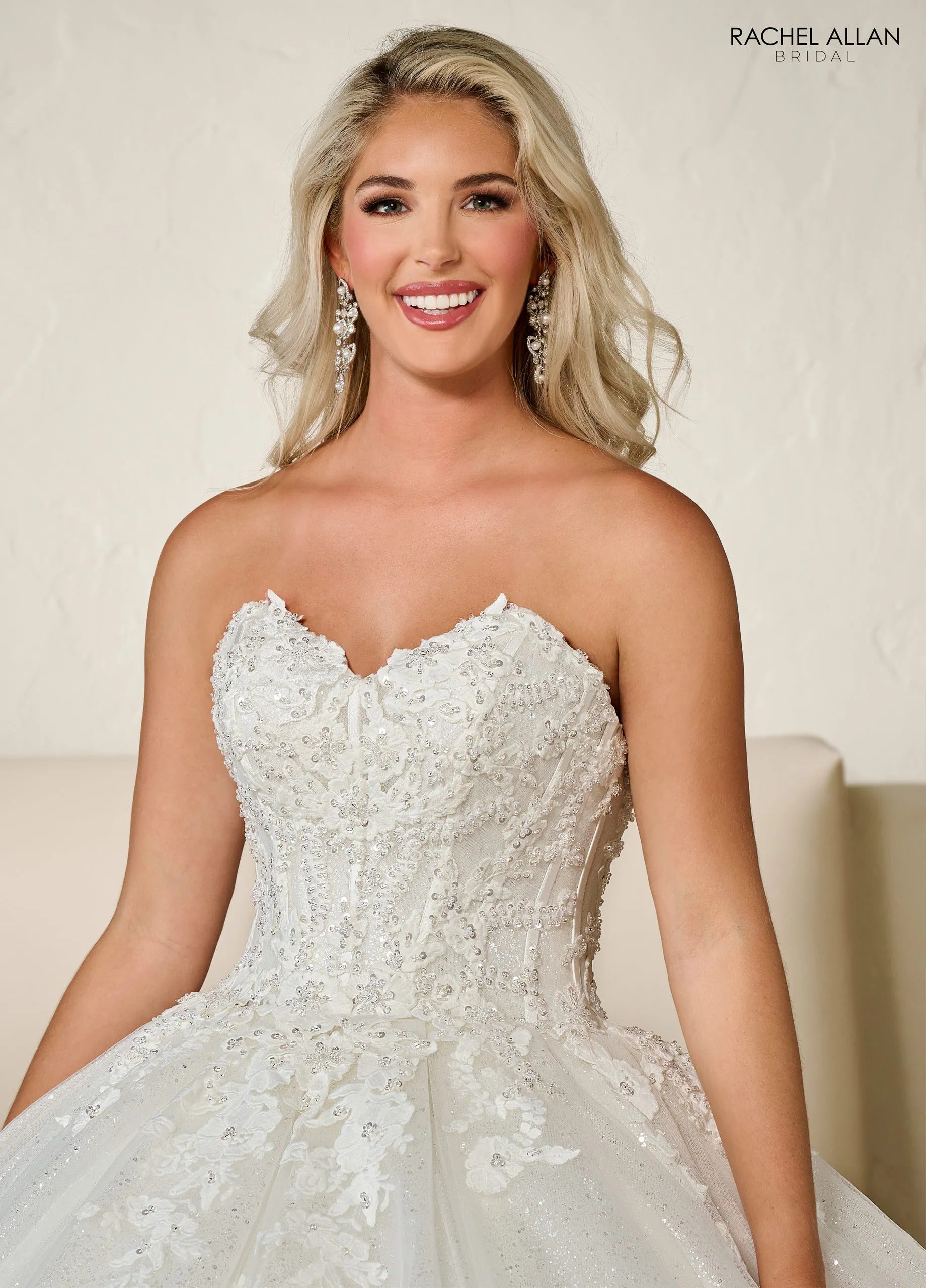 Ivory Sweetheart Floor-Length Glitter Tulle Bridal Ball Gown with Sheer Corset Rachel Allan RB6136