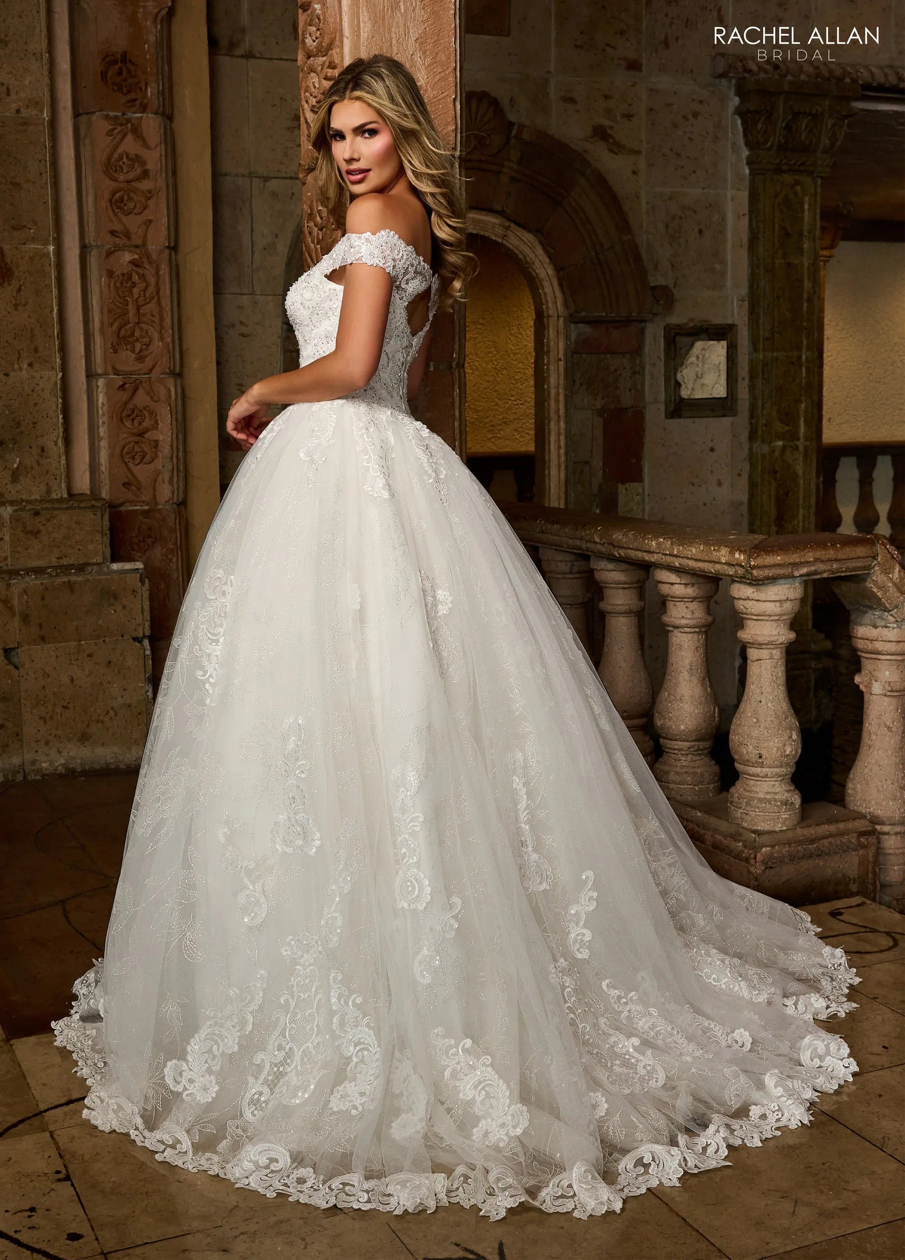 Ivory Boat Neck Floor-Length Shimmer Lace Wedding Ball Gown with Keyhole Back Rachel Allan MB6083 Rachel Allan MB6083