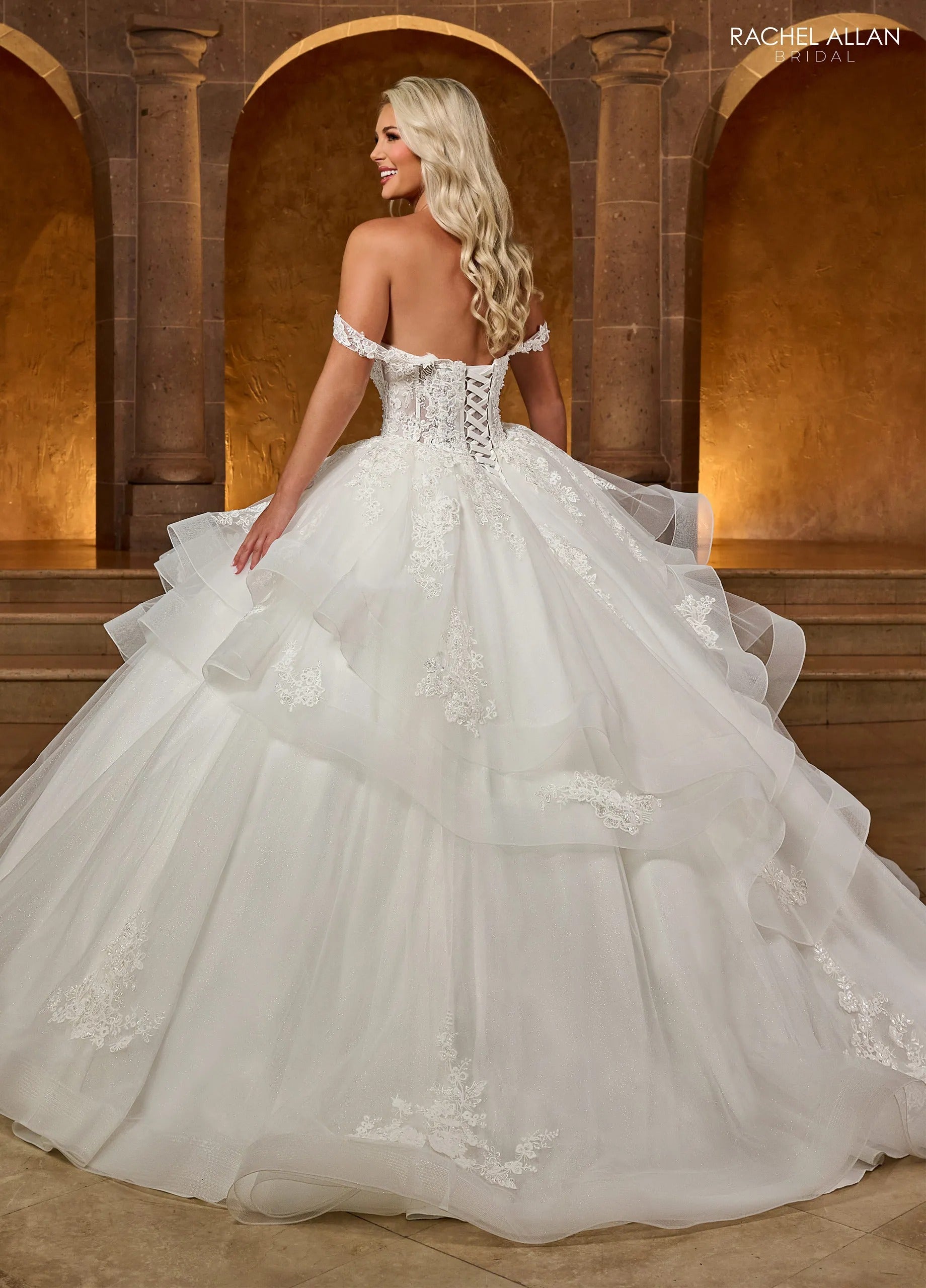 Ivory Off-the-Shoulder Floor-Length Tulle Bridal Tiered Ruffle Ball Gown Rachel Allan RB6142