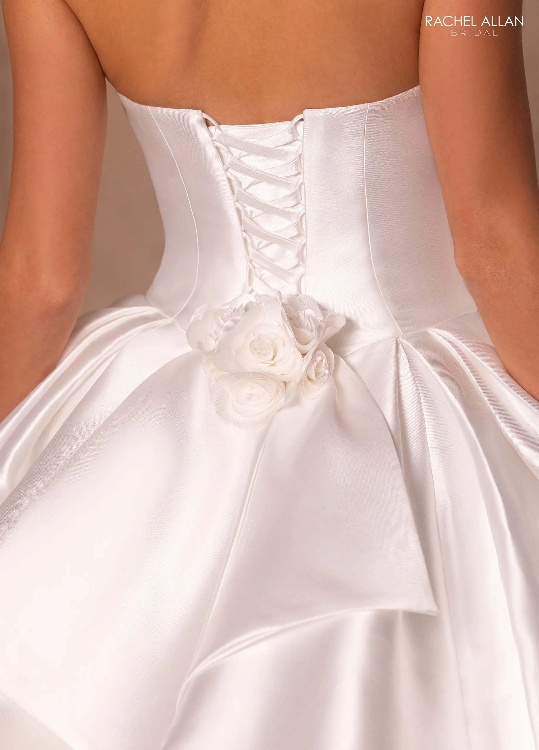 Ivory Strapless Floor-Length Satin Bridal Ball Gown with Bow Bodice and Floral Detail Rachel Allan RB6175