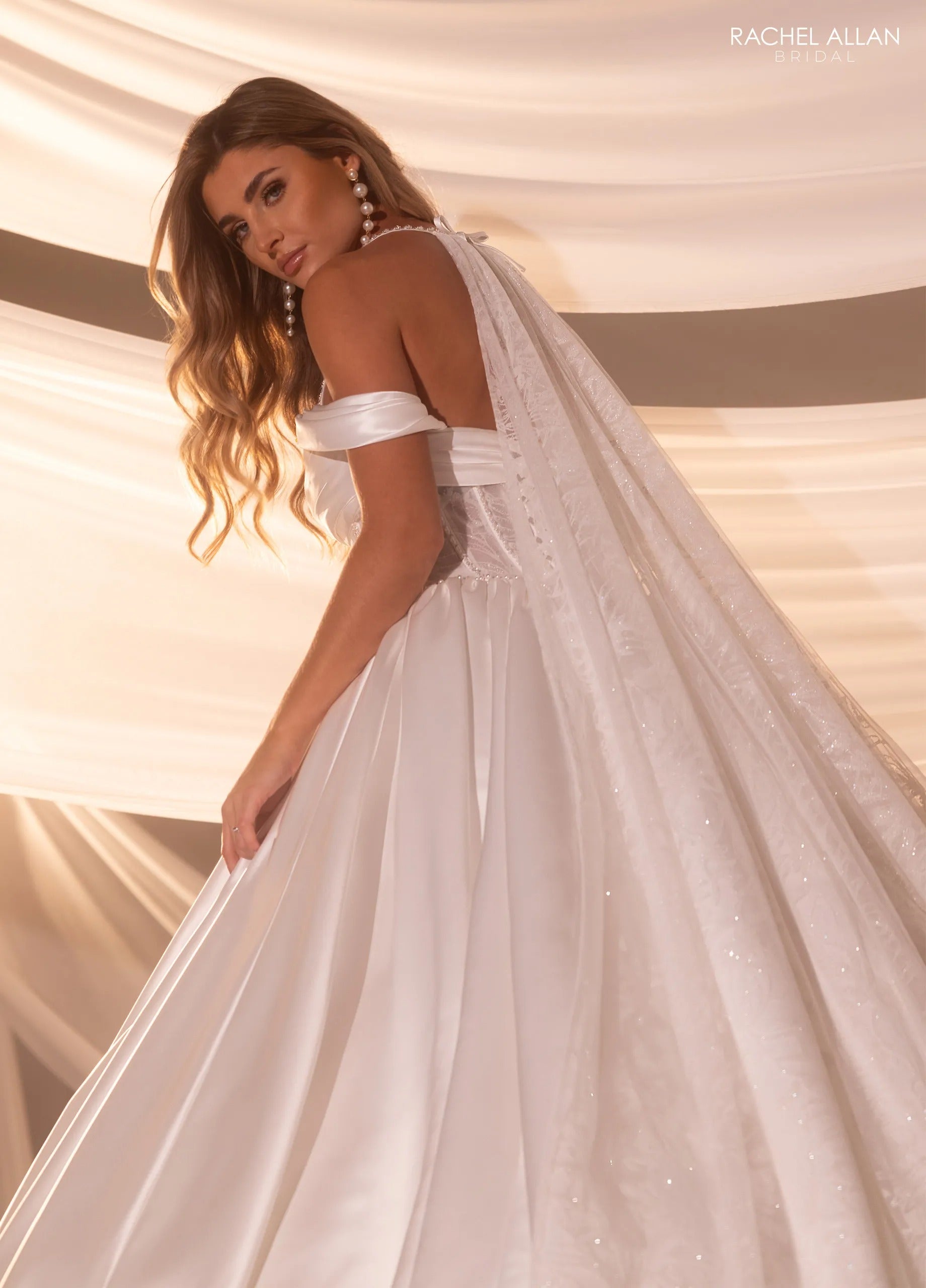 Ivory Square Neck Floor-Length Satin Bridal Ball Gown with Sheer Corset Bodice Rachel Allan RB6179