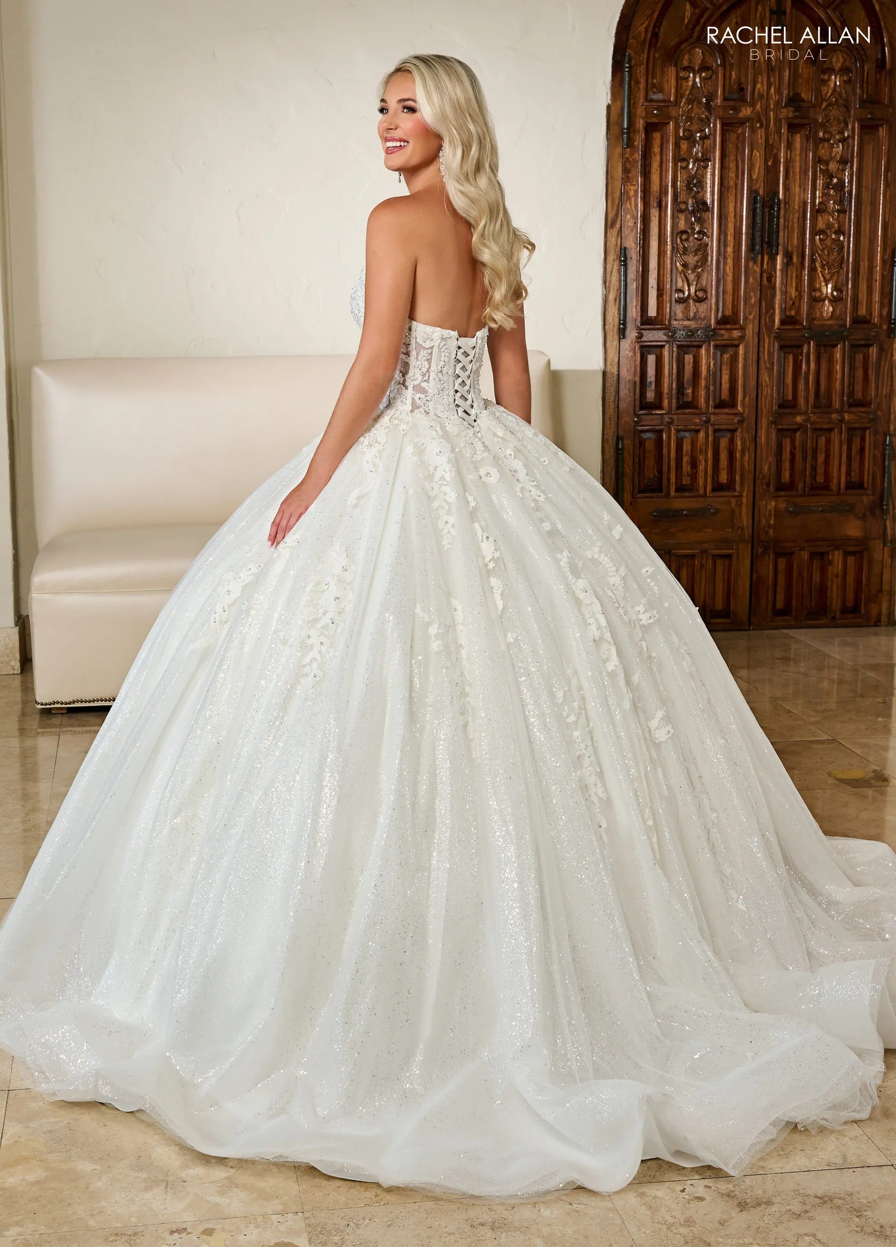 Ivory Sweetheart Floor-Length Glitter Tulle Bridal Ball Gown with Sheer Corset Rachel Allan RB6136