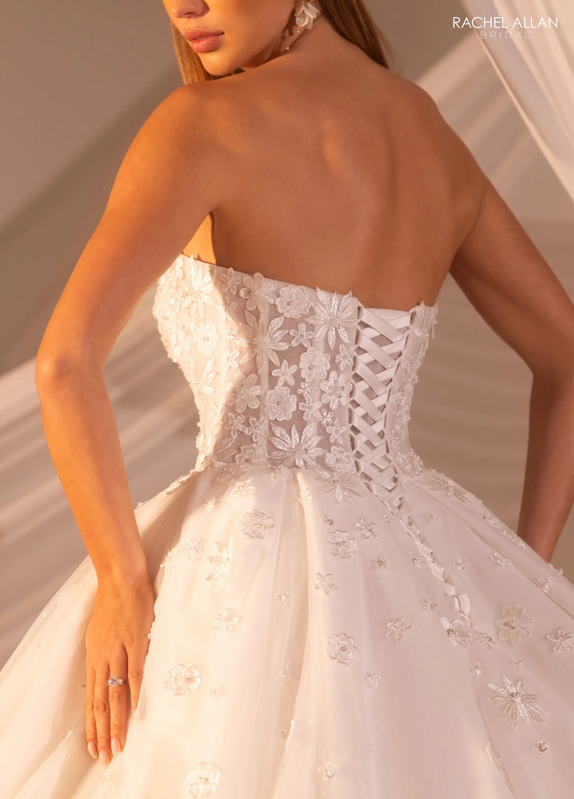Ivory Strapless Floor-Length Tulle Bridal Ball Gown with Floral Lace Appliqué Rachel Allan RB6178