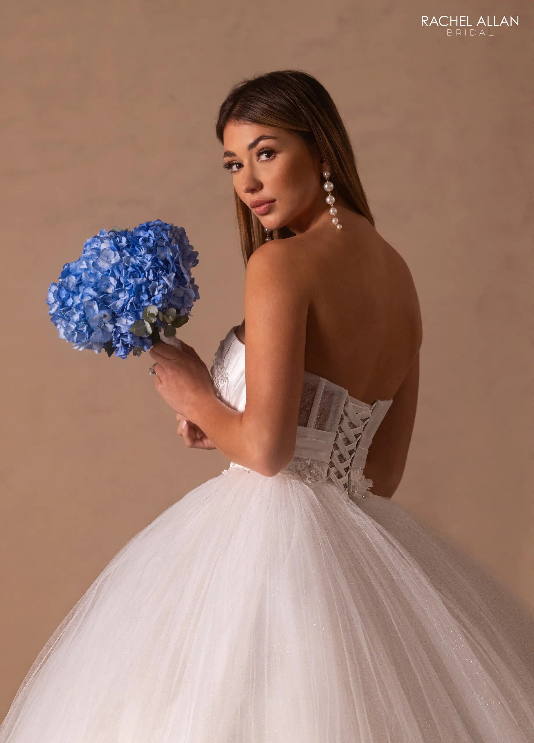 Ivory Square Neck Floor-Length Shimmer Tulle Bridal Ball Gown with Bow Shoulder Straps Rachel Allan RB6182