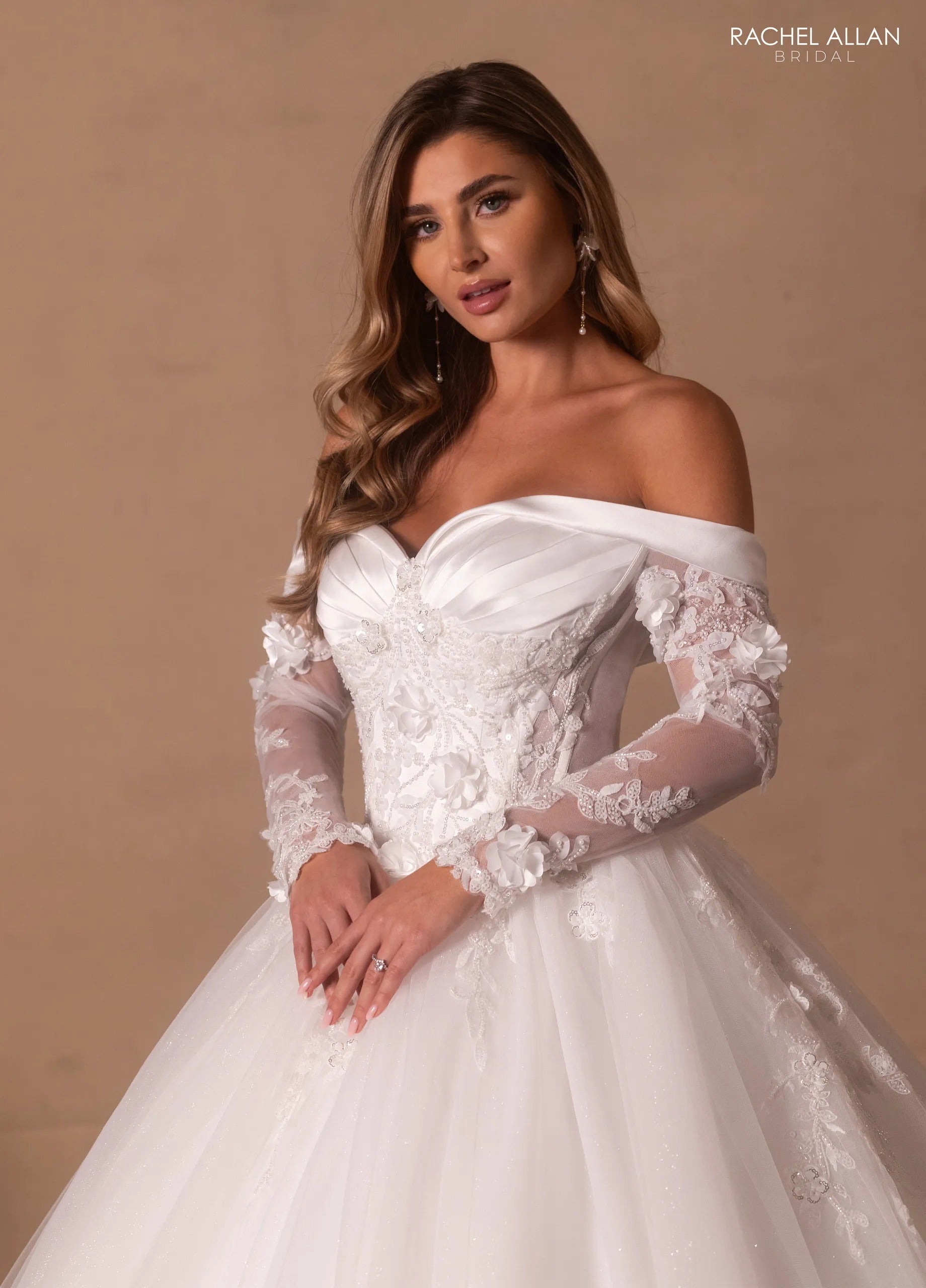 Ivory Off-the-Shoulder Floor-Length Shimmer Tulle Bridal Ball Gown with Long Lace Sleeves Rachel Allan RB6180