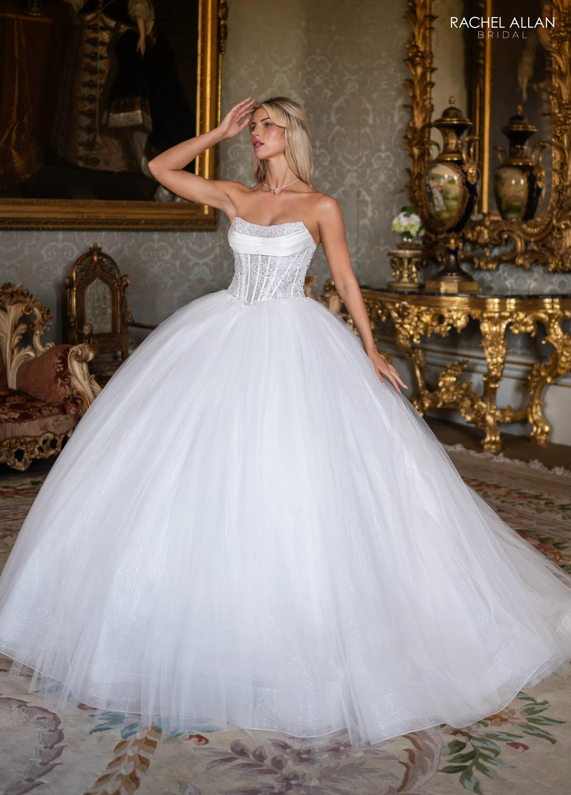 Ivory Sweetheart Floor-Length Tulle Wedding Dress Ball Gown with Puff Sleeves Rachel Allan RB6191