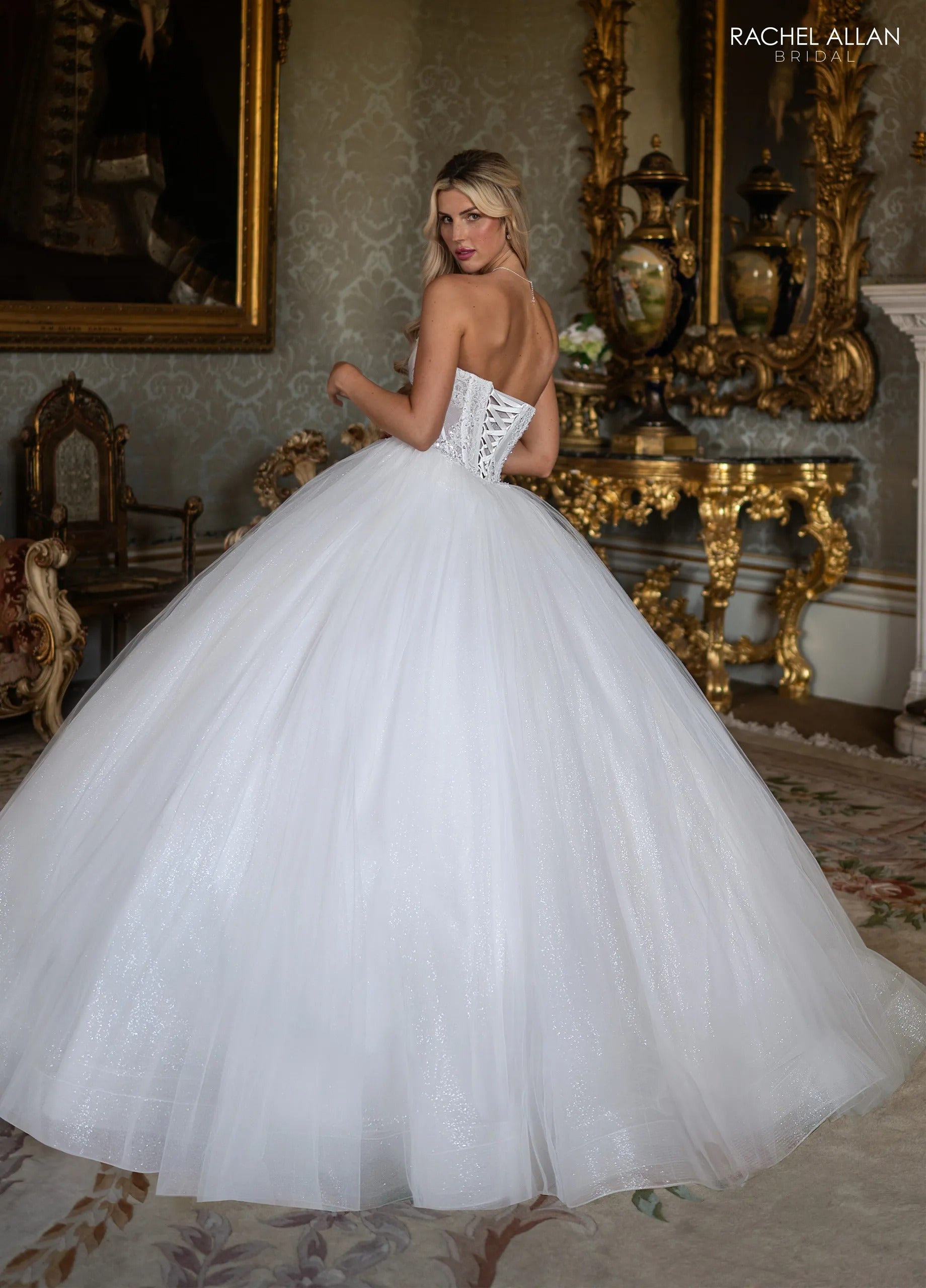 Ivory Sweetheart Floor-Length Tulle Wedding Dress Ball Gown with Puff Sleeves Rachel Allan RB6191