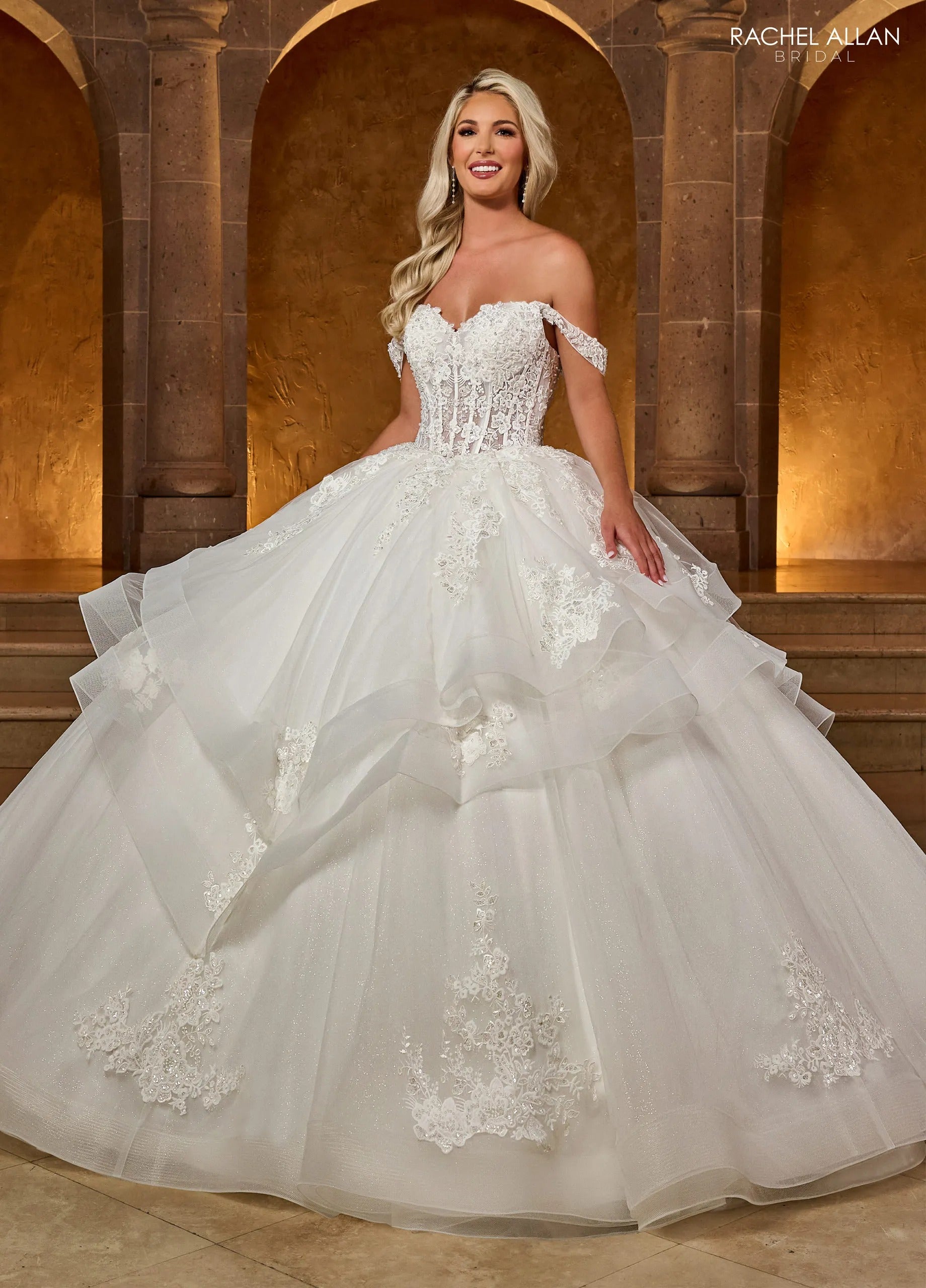 Ivory Off-the-Shoulder Floor-Length Tulle Bridal Tiered Ruffle Ball Gown Rachel Allan RB6142