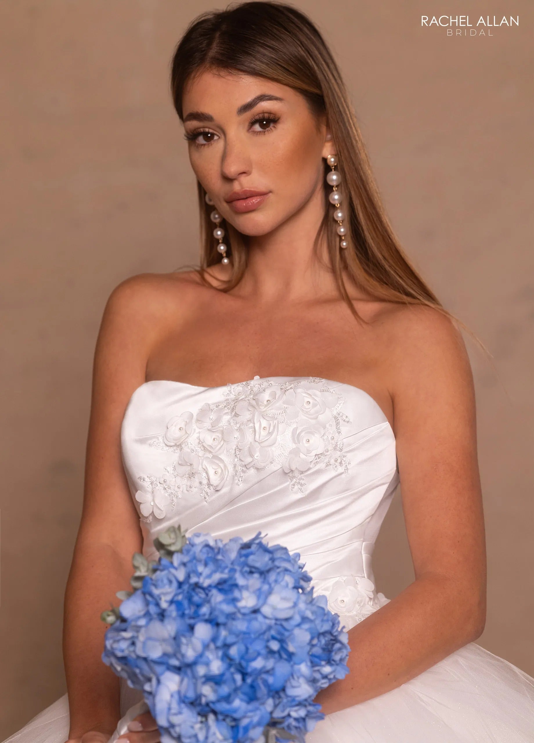 Ivory Square Neck Floor-Length Shimmer Tulle Bridal Ball Gown with Bow Shoulder Straps Rachel Allan RB6182