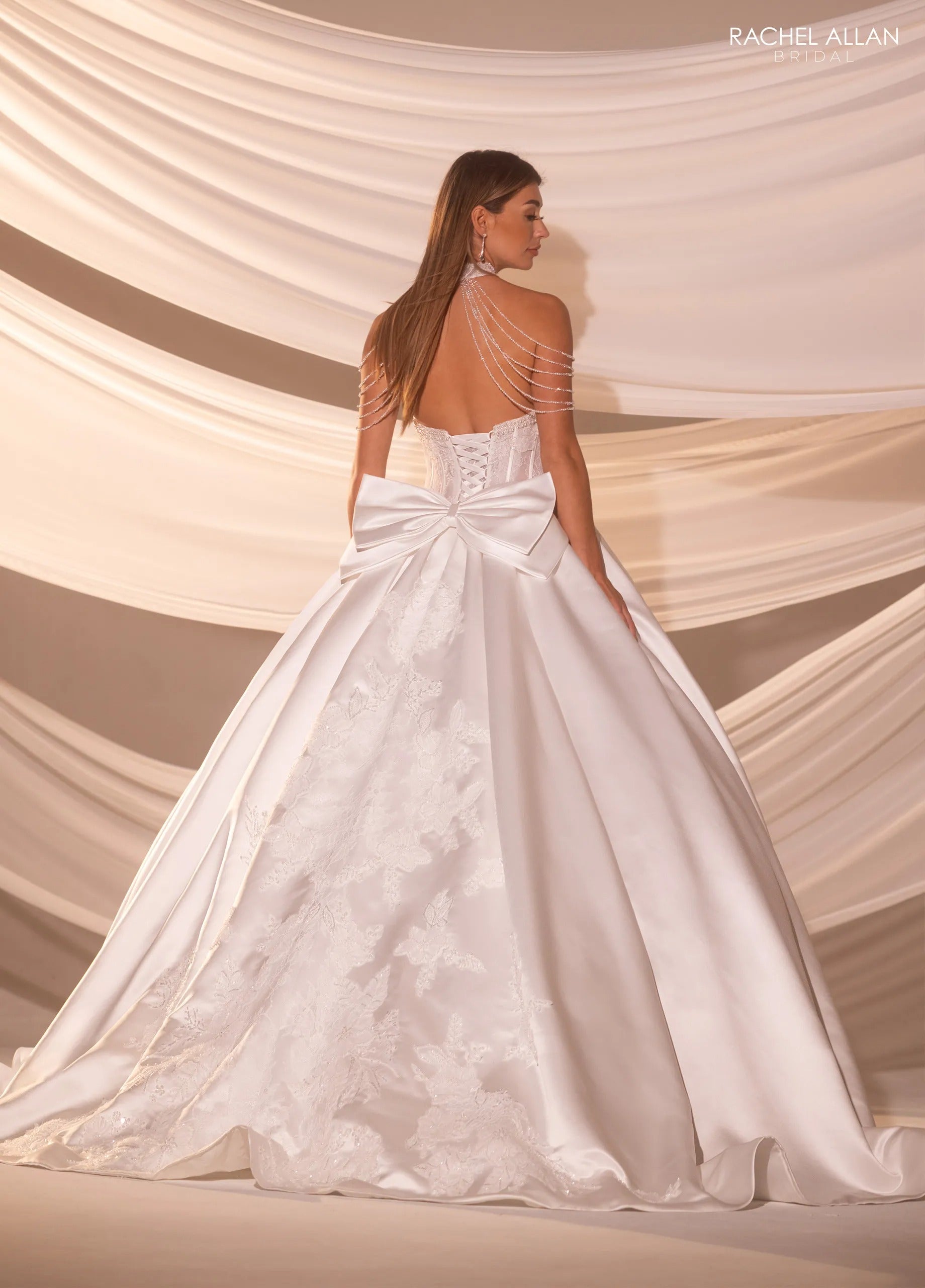 Ivory Square Neck Floor-Length Shimmer Tulle Bridal Ball Gown with Tiered Ruffle Skirt Rachel Allan RB6183