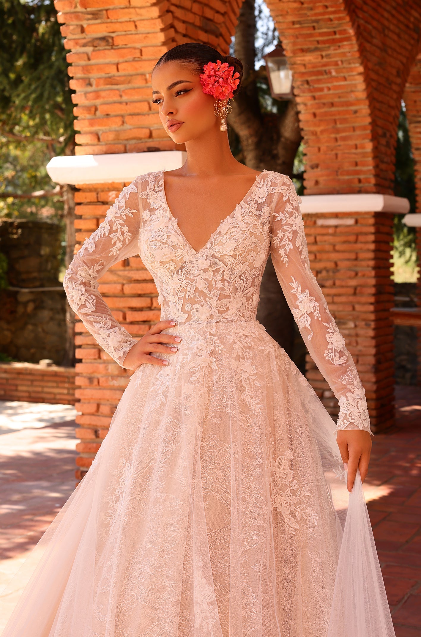Wedding Dresses Long Sleeve A Line Lace Applique Wedding Dress Amarra 88212 Ivory/Nude