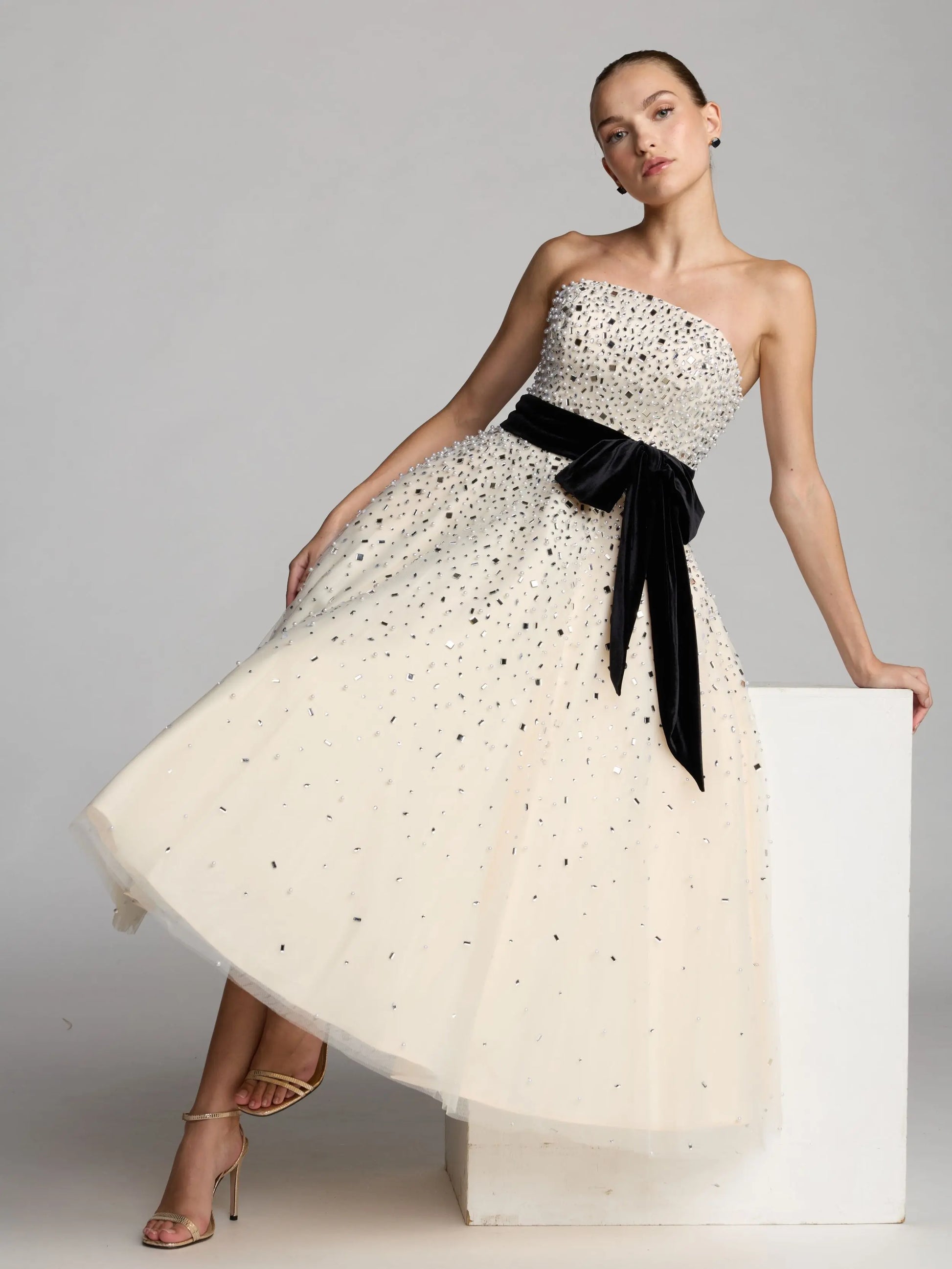 Wedding Dresses Midi Beaded Wedding Dress – Beaded Detail – Mac Duggal 11983 Black Cream-Tulle-11983-Beaded