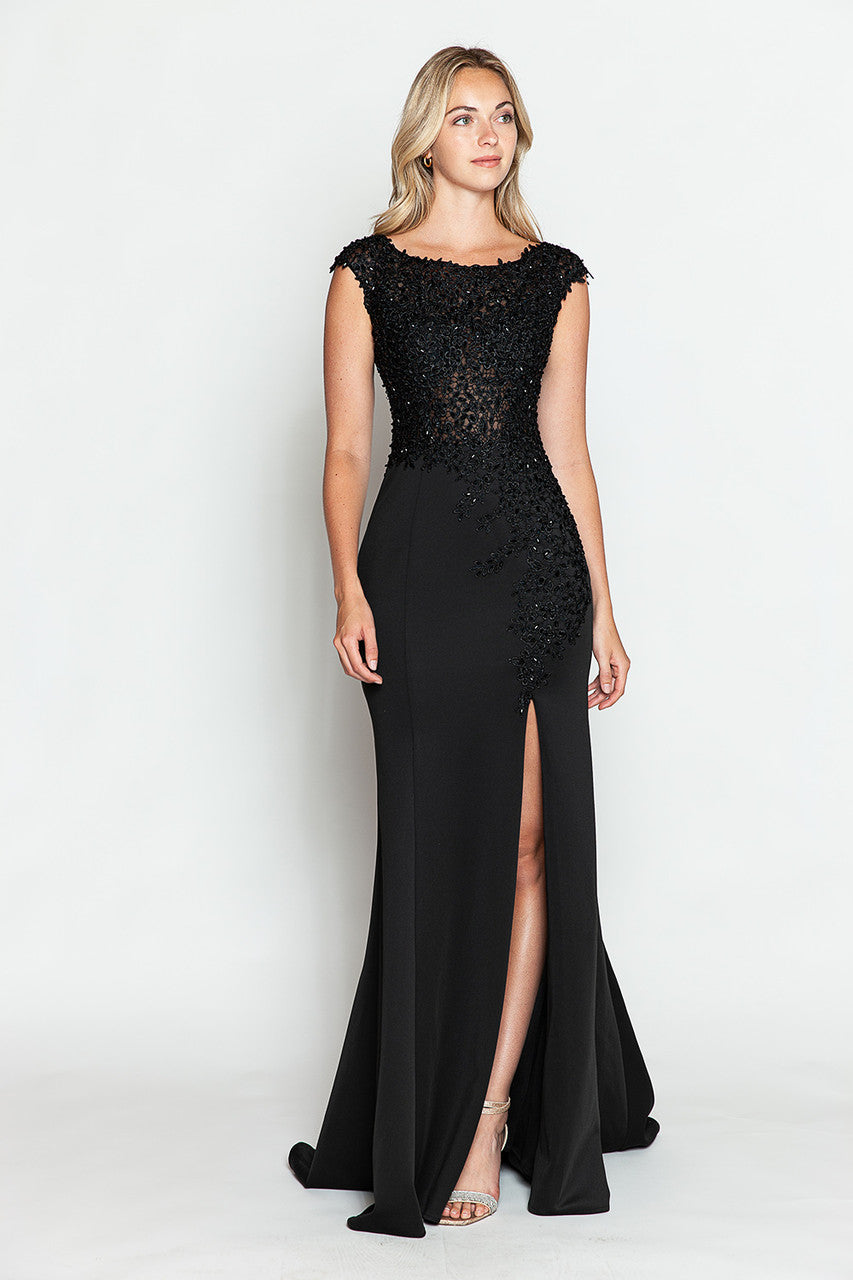 Formal Dresses Beaded Formal Long Floral Dress Lenovia 8343 Black-Crepe-8343-Beaded