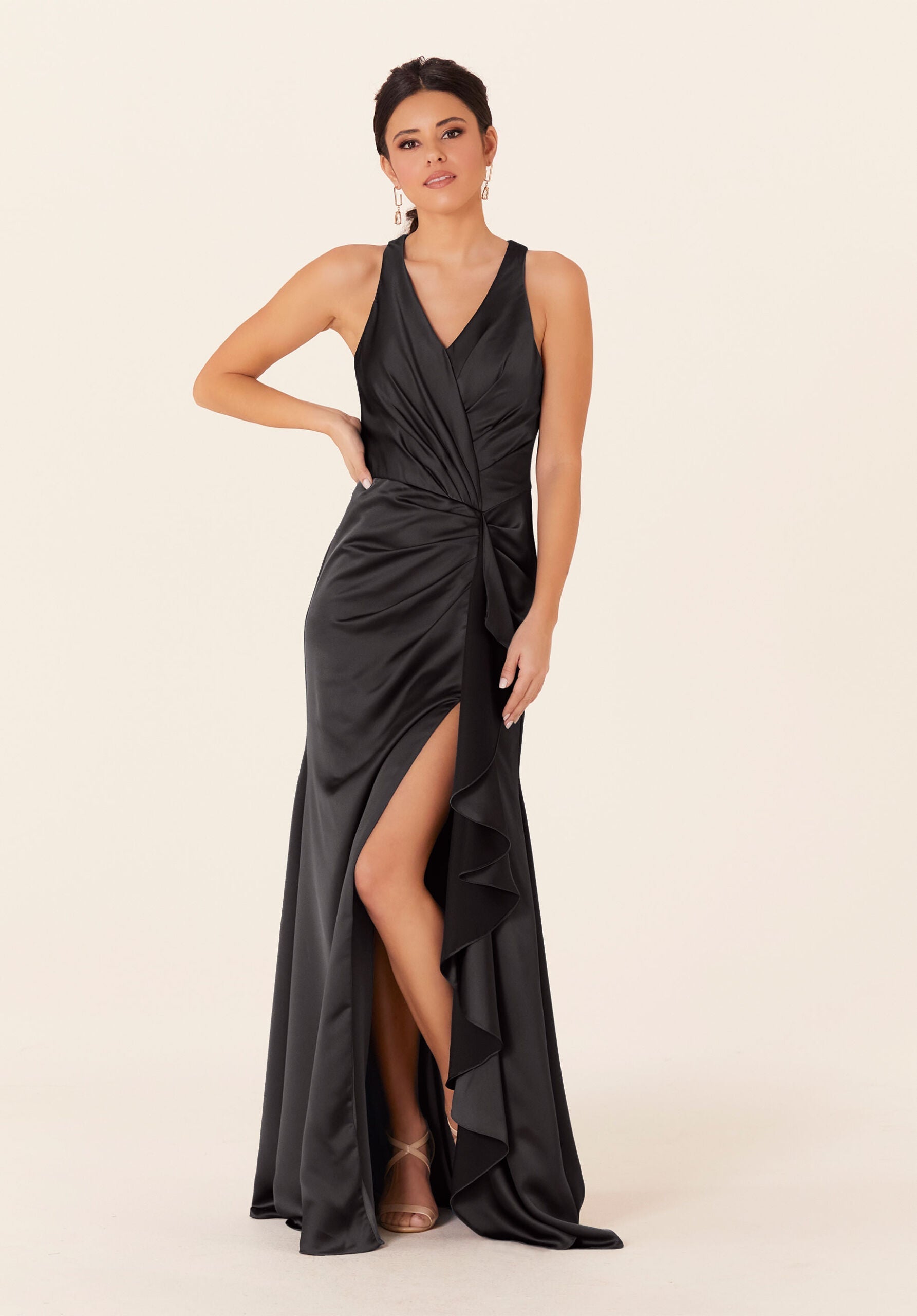 Formal Dresses Ruffle Long Formal Slit Dress Black-Satin-21831-Ruffle