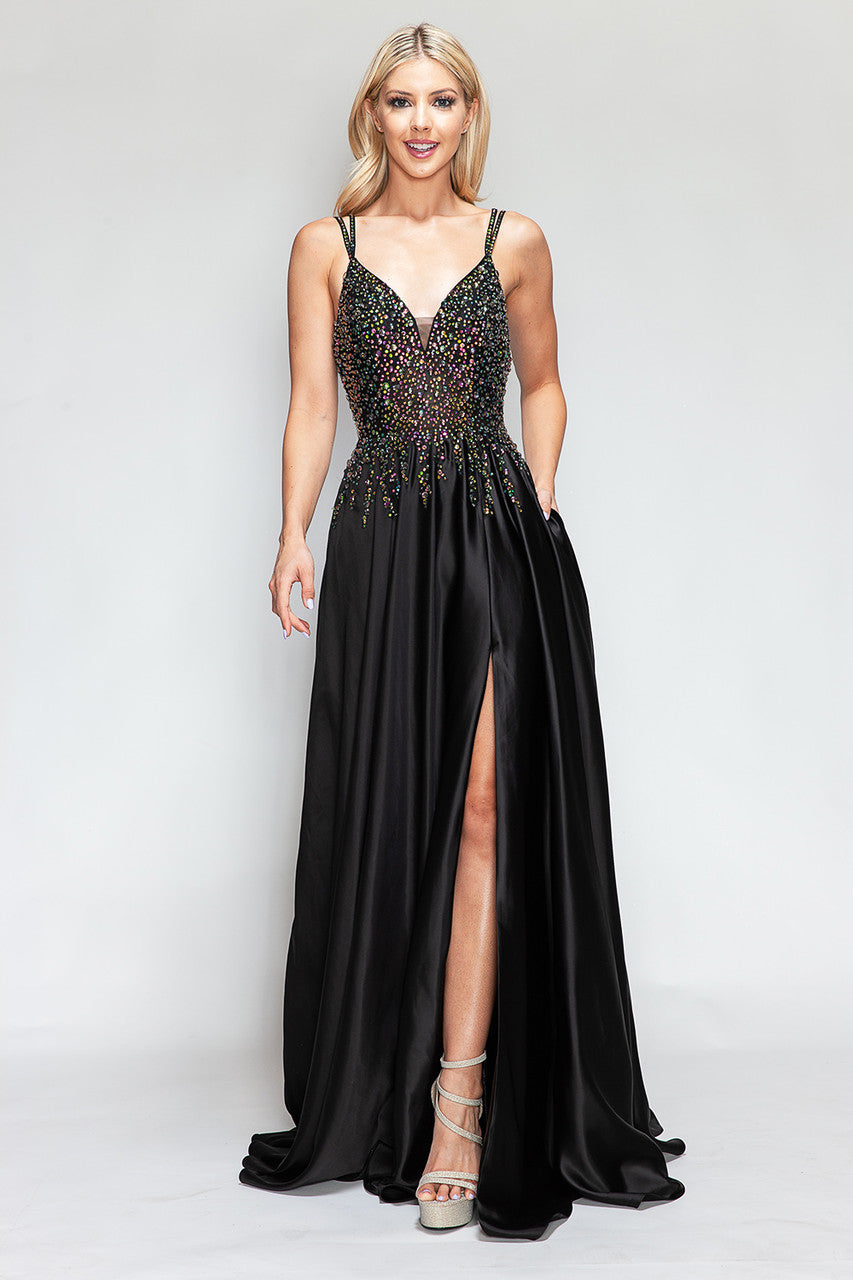 Prom Dresses Slit Prom Long Formal Dress Lenovia 8331 Black-Satin-8331-Beaded