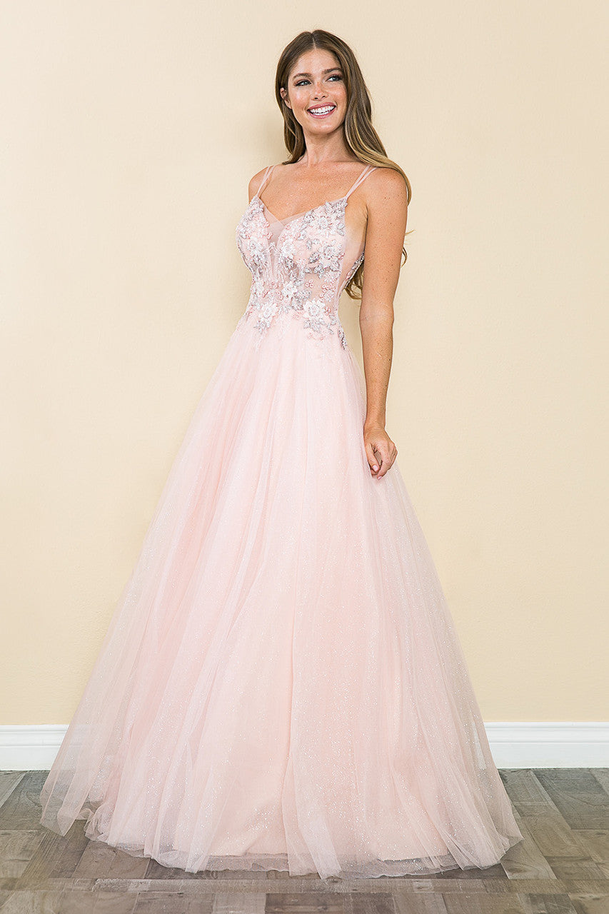 Prom Dresses Sequin Long Beaded Formal Prom Dress Lenovia 8182 Blush Pink-Tulle-8182-Beaded
