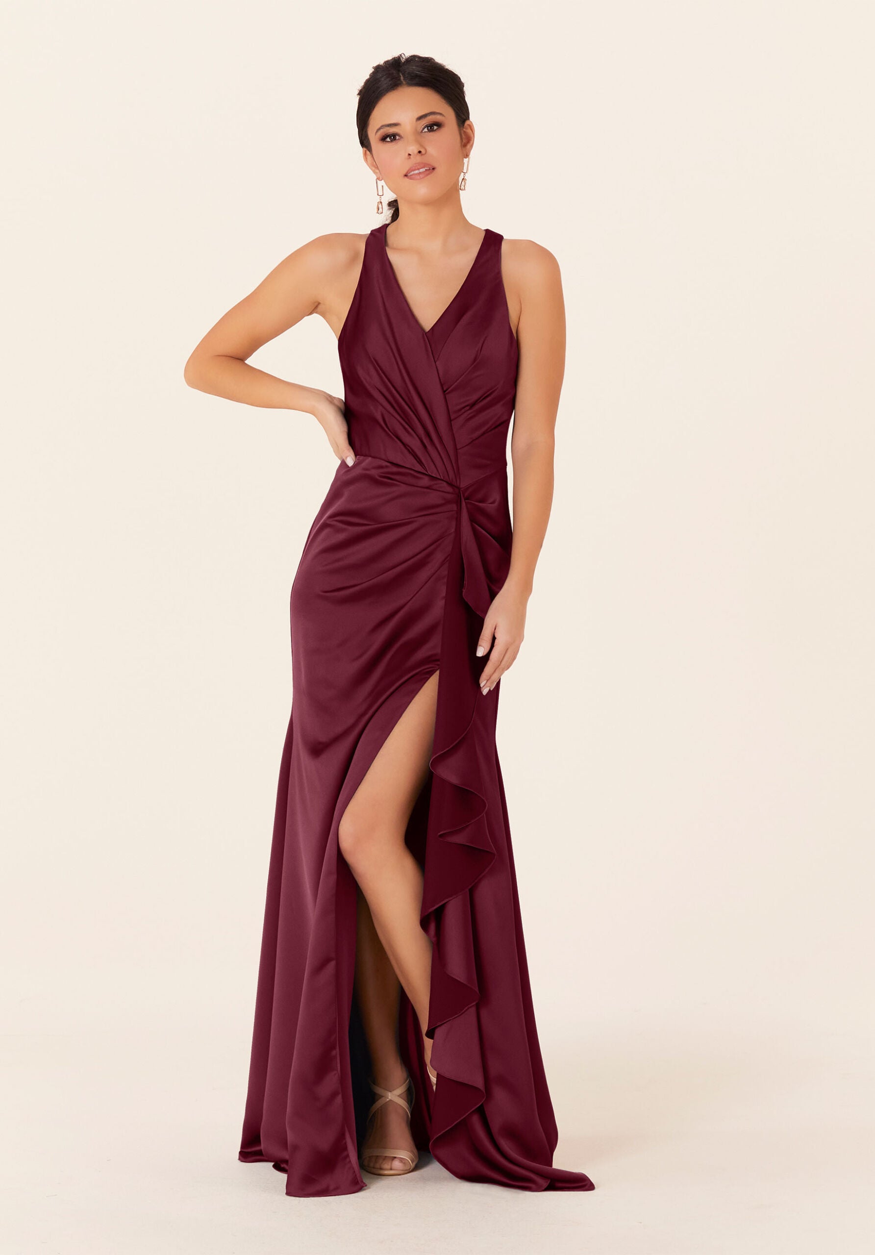 Formal Dresses Long Formal Ruffle Slit Dress Bordeaux-Satin-21831-Ruffle