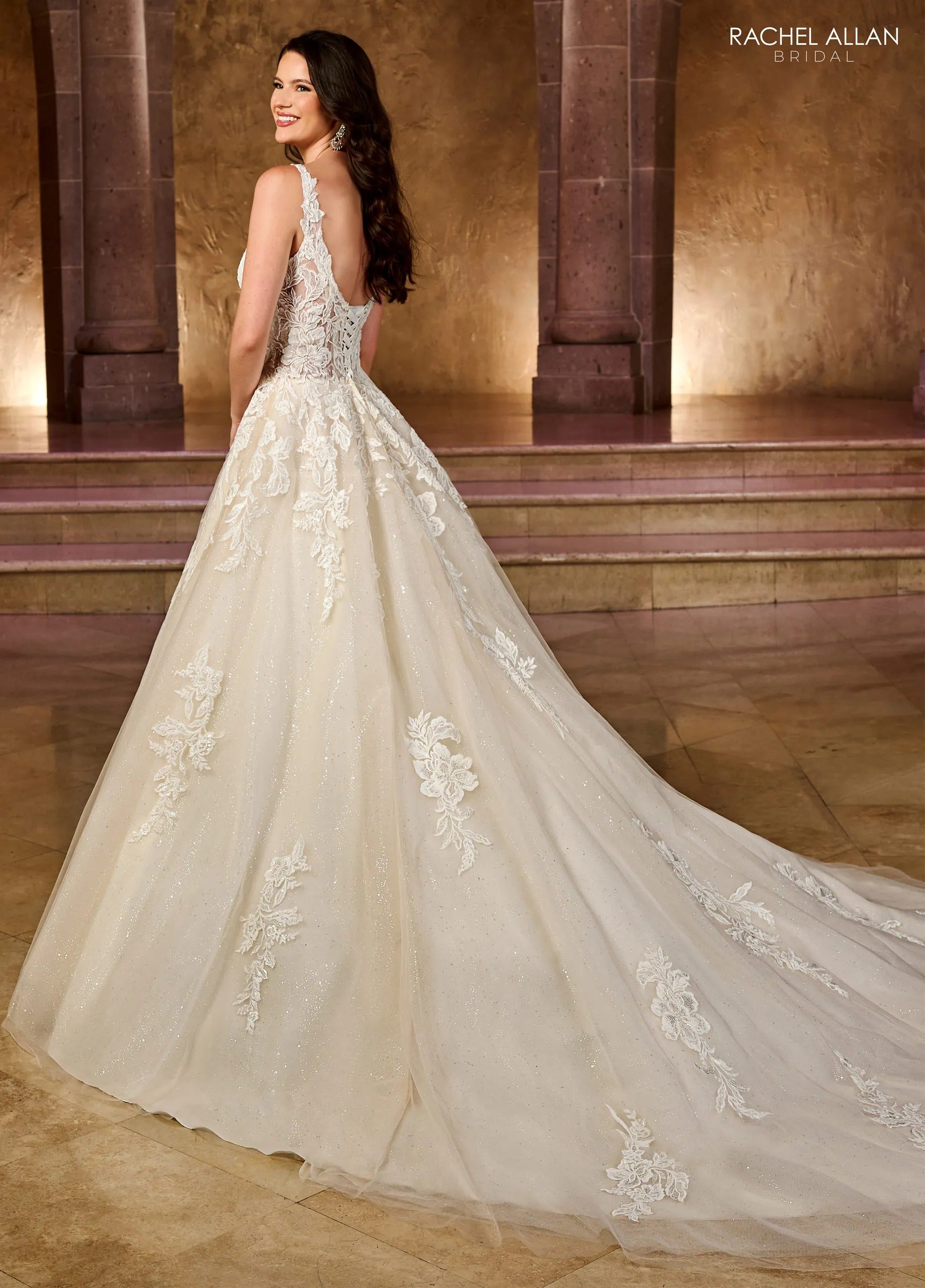 Ivory Champagne V-Neck Floor-Length Tulle Wedding Ball Gown with Lace Appliqué Rachel Allan RB5037