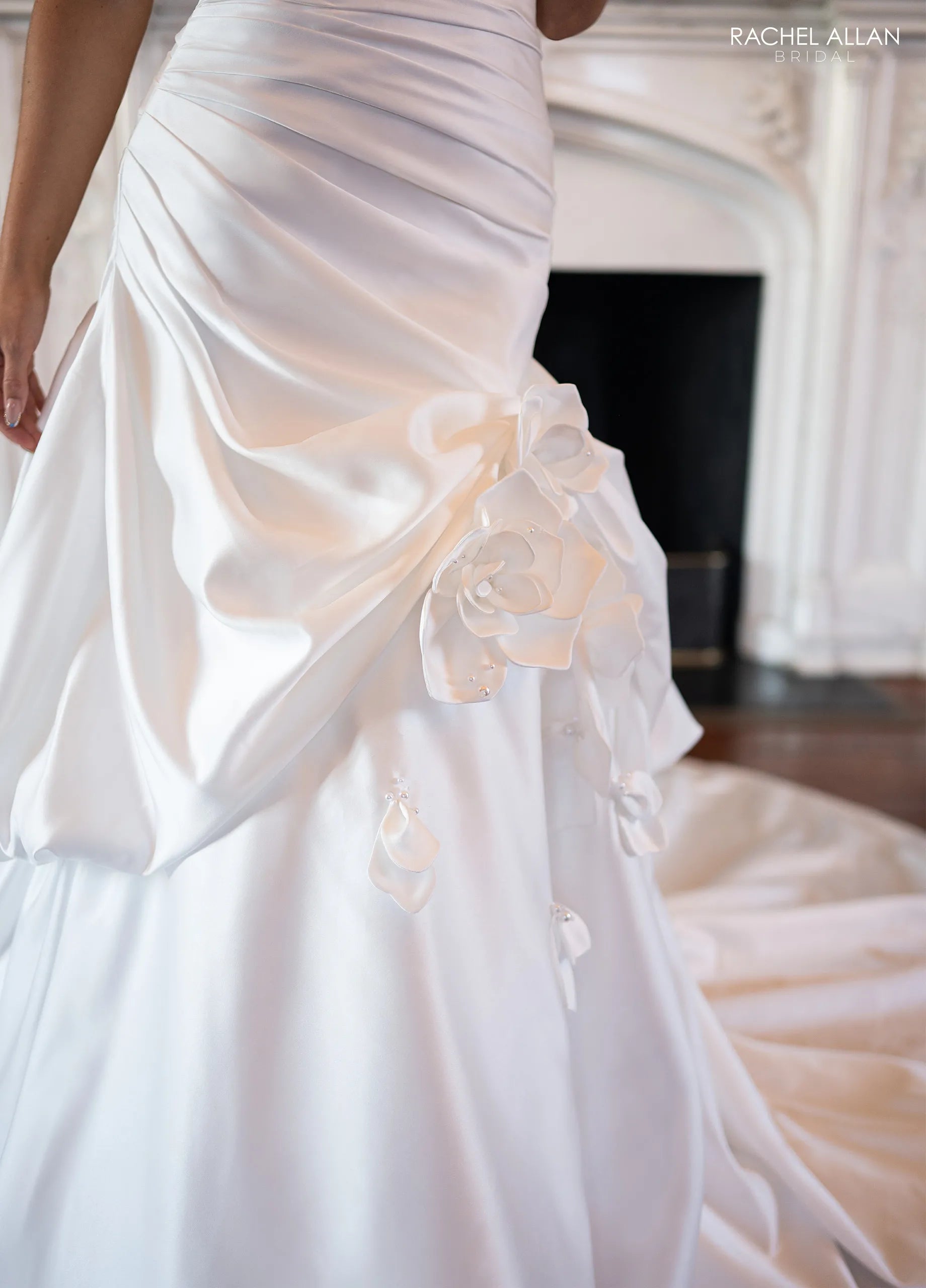 Ivory Sweetheart Floor-Length Satin Wedding Dress with Floral Appliqué Train Rachel Allan RB5130