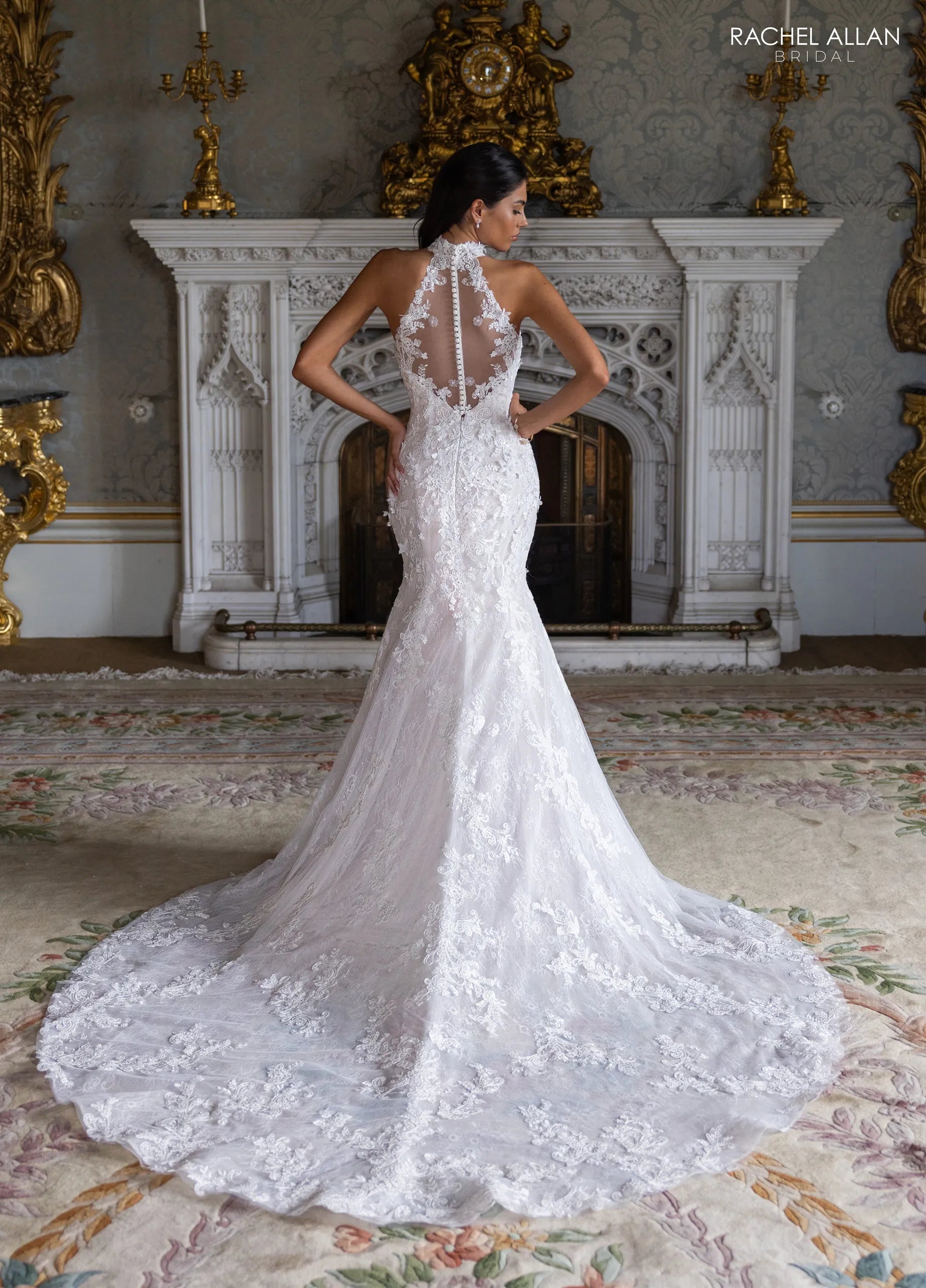 Ivory Nude Strapless Floor-Length Lace Wedding Dress with Overskirt Train Rachel Allan RB5125