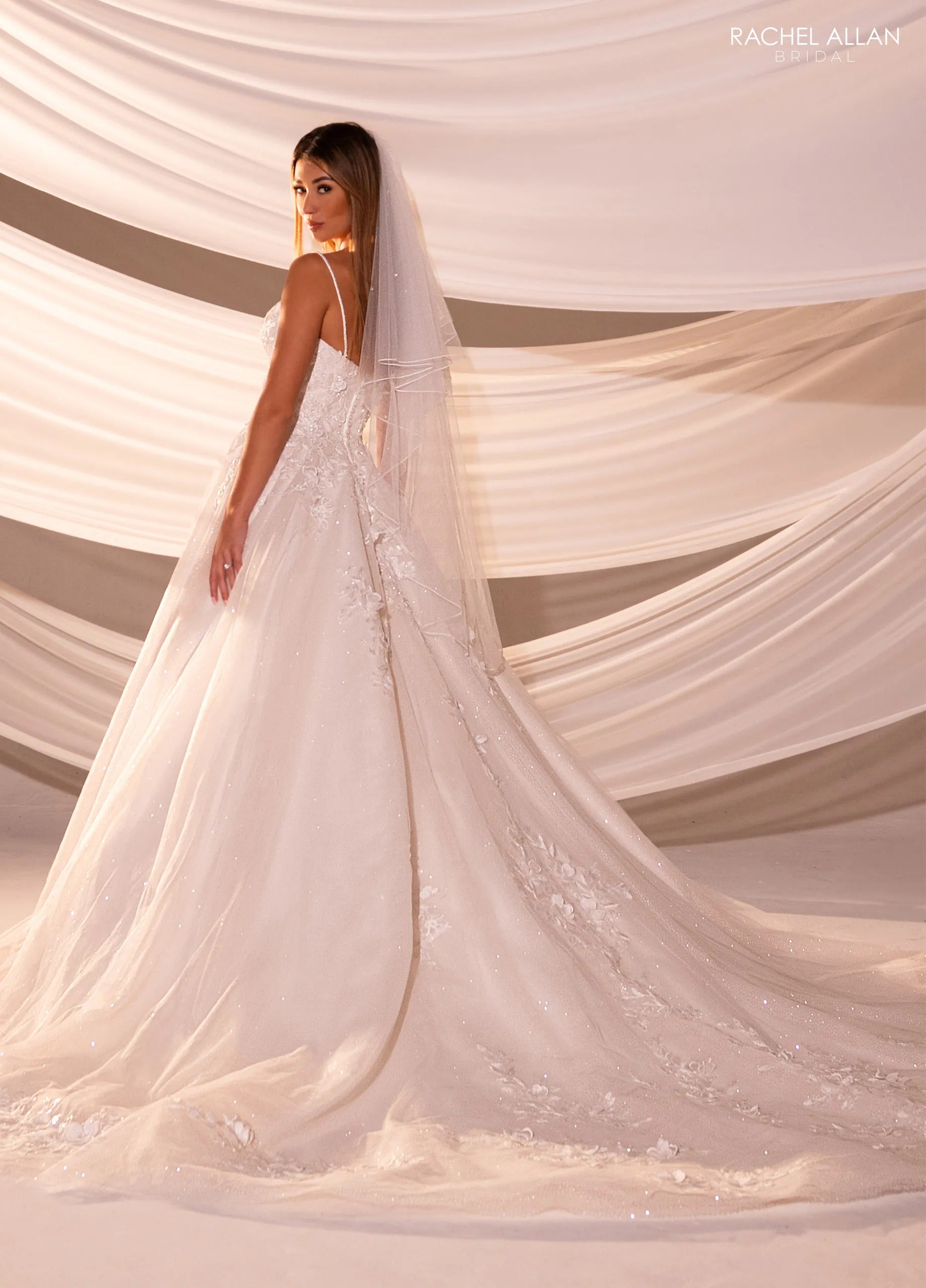 Ivory Nude V-Neck Floor-Length Tulle Wedding A-Line Gown with Lace Appliqué Rachel Allan RB5107