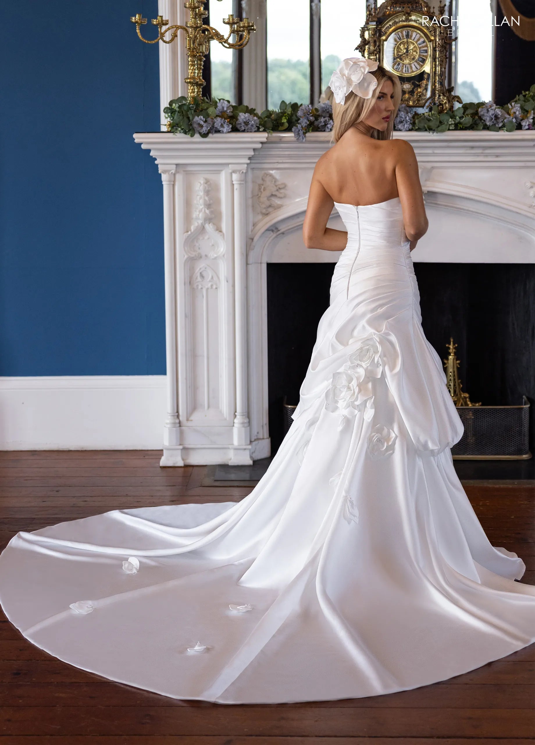 Ivory Sweetheart Floor-Length Satin Wedding Dress with Floral Appliqué Train Rachel Allan RB5130