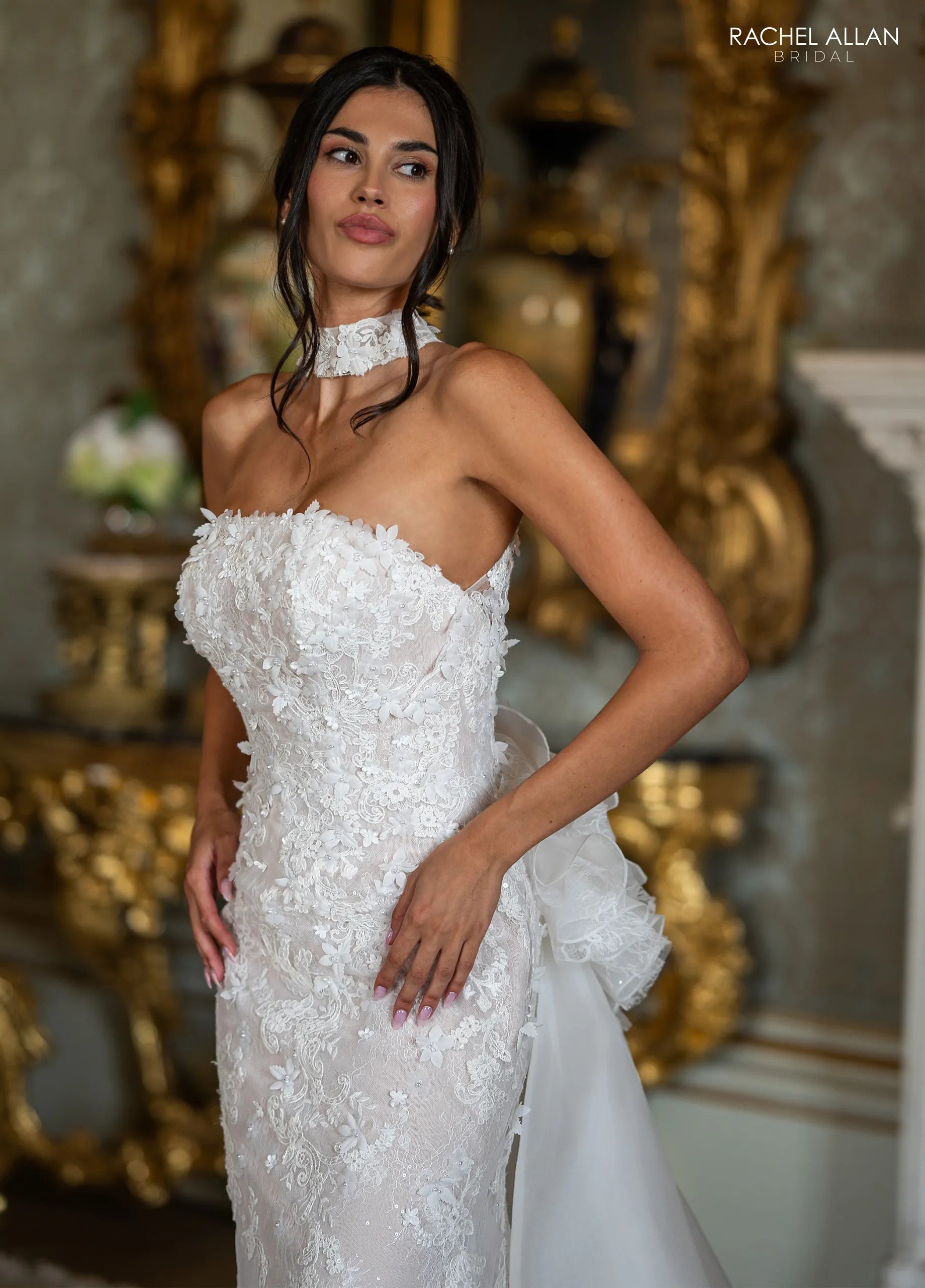Ivory Nude Strapless Floor-Length Lace Wedding Dress with Overskirt Train Rachel Allan RB5125