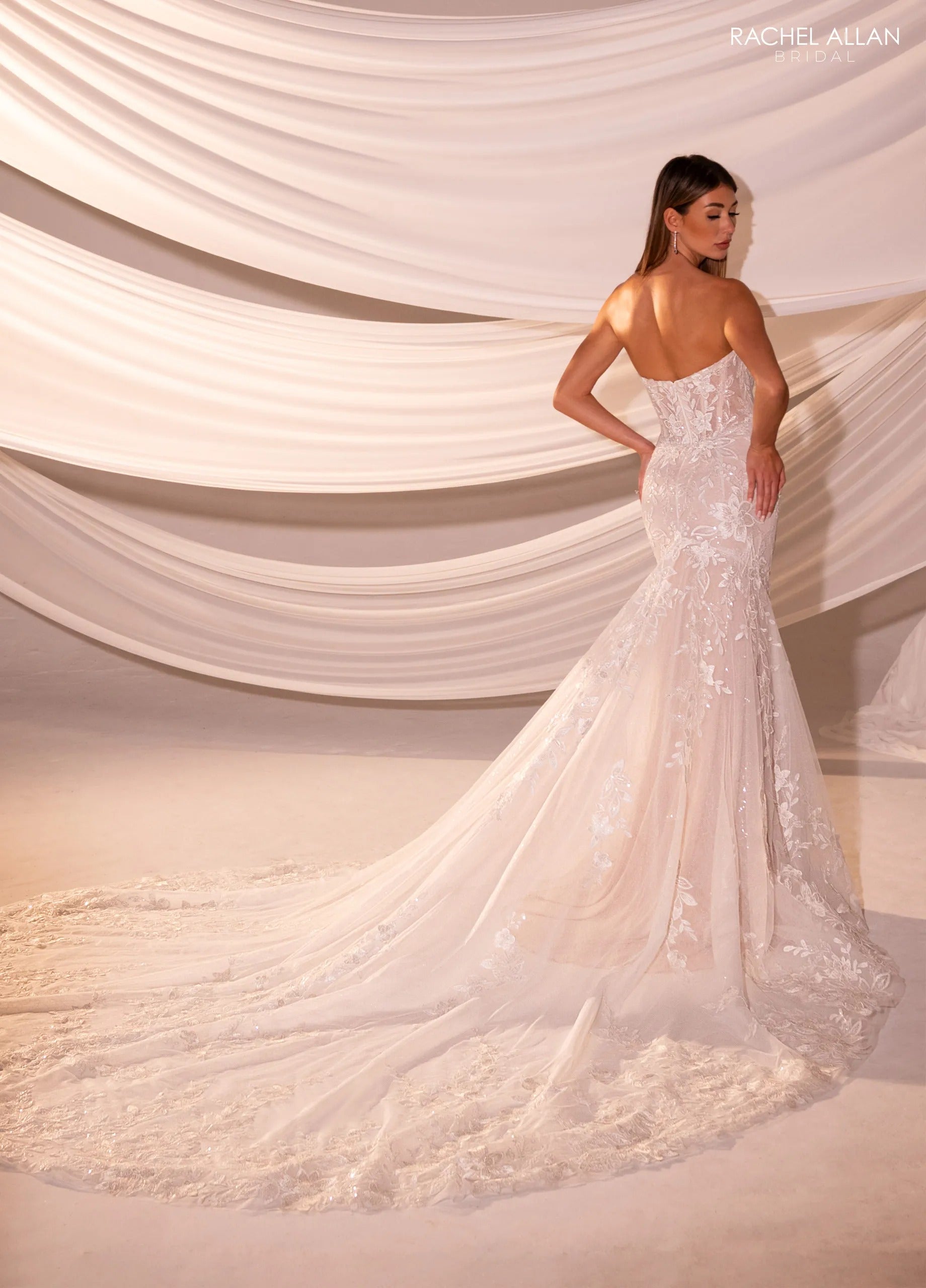 Ivory Nude Sweetheart Floor-Length Lace Tulle Wedding Mermaid Gown with Off-the-Shoulder Sleeves Rachel Allan RB5101