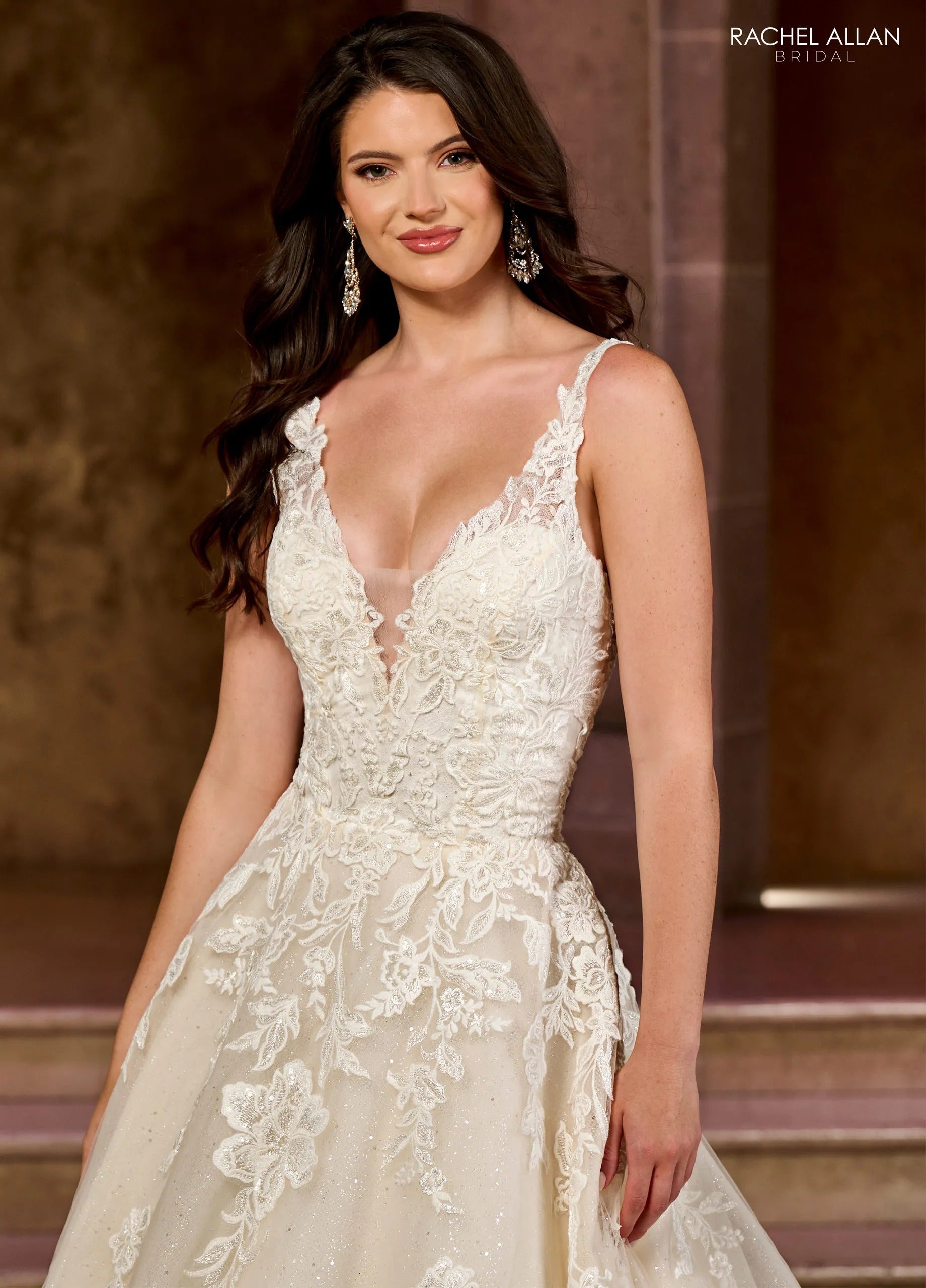 Ivory Champagne V-Neck Floor-Length Tulle Wedding Ball Gown with Lace Appliqué Rachel Allan RB5037