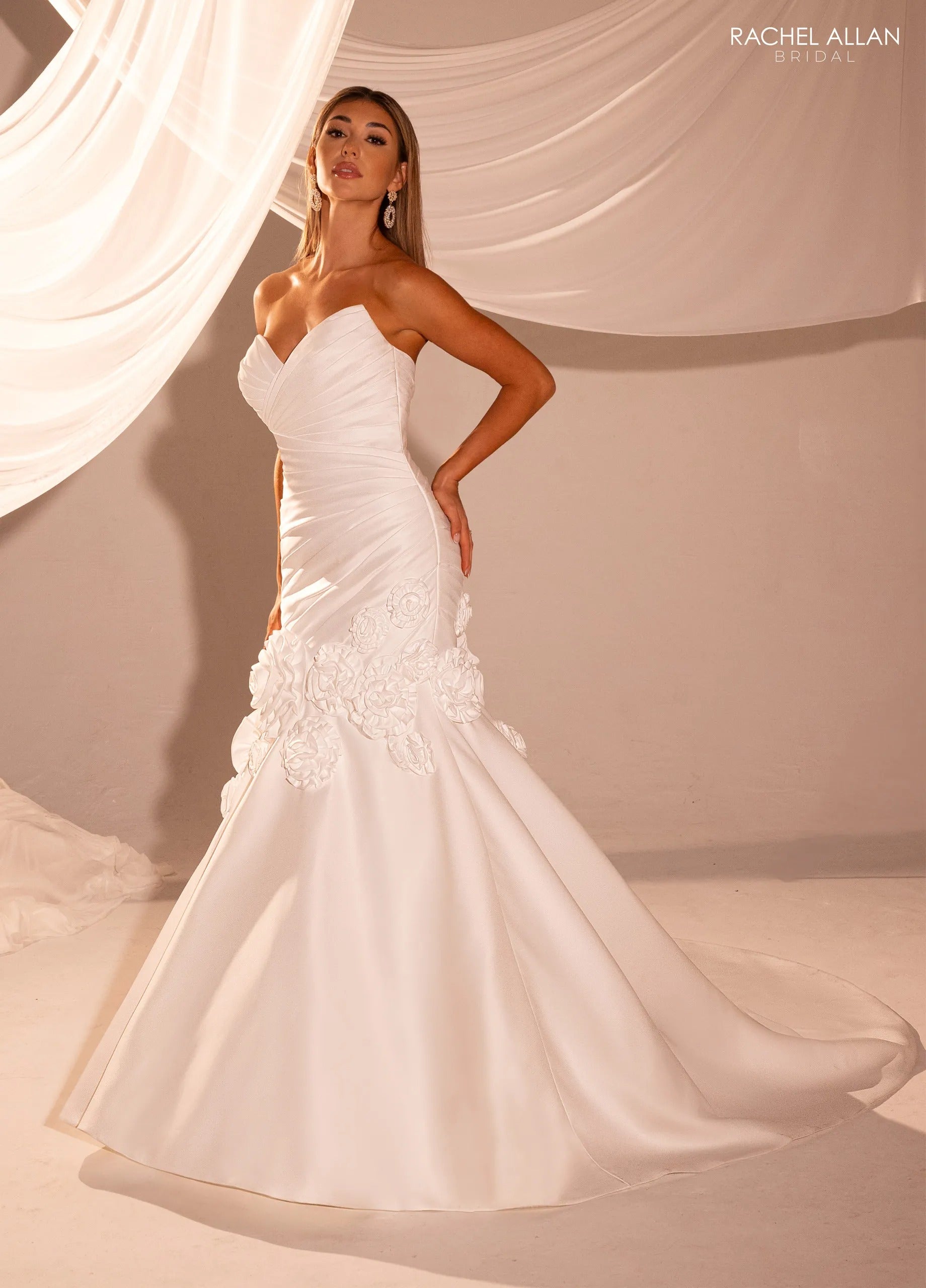 Ivory Sweetheart Floor-Length Satin Wedding Mermaid Gown with Floral Appliqué Rachel Allan RB5109