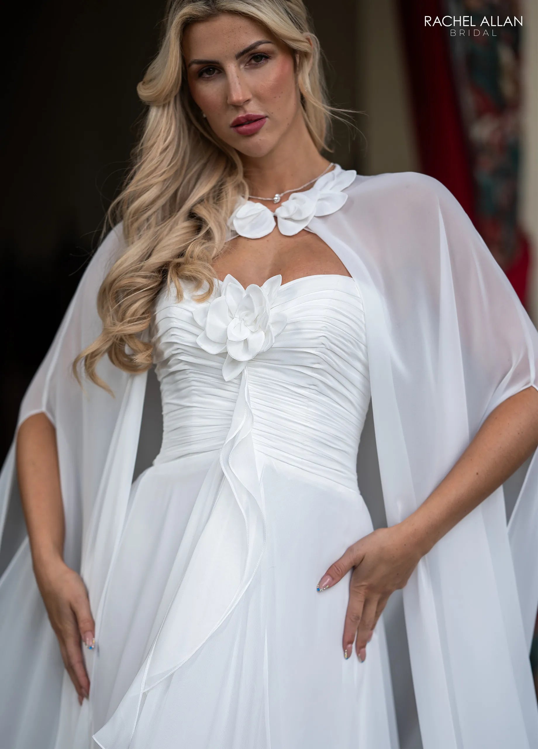 Ivory Sweetheart Floor-Length Chiffon Wedding Dress with Cape Train Rachel Allan RB5124