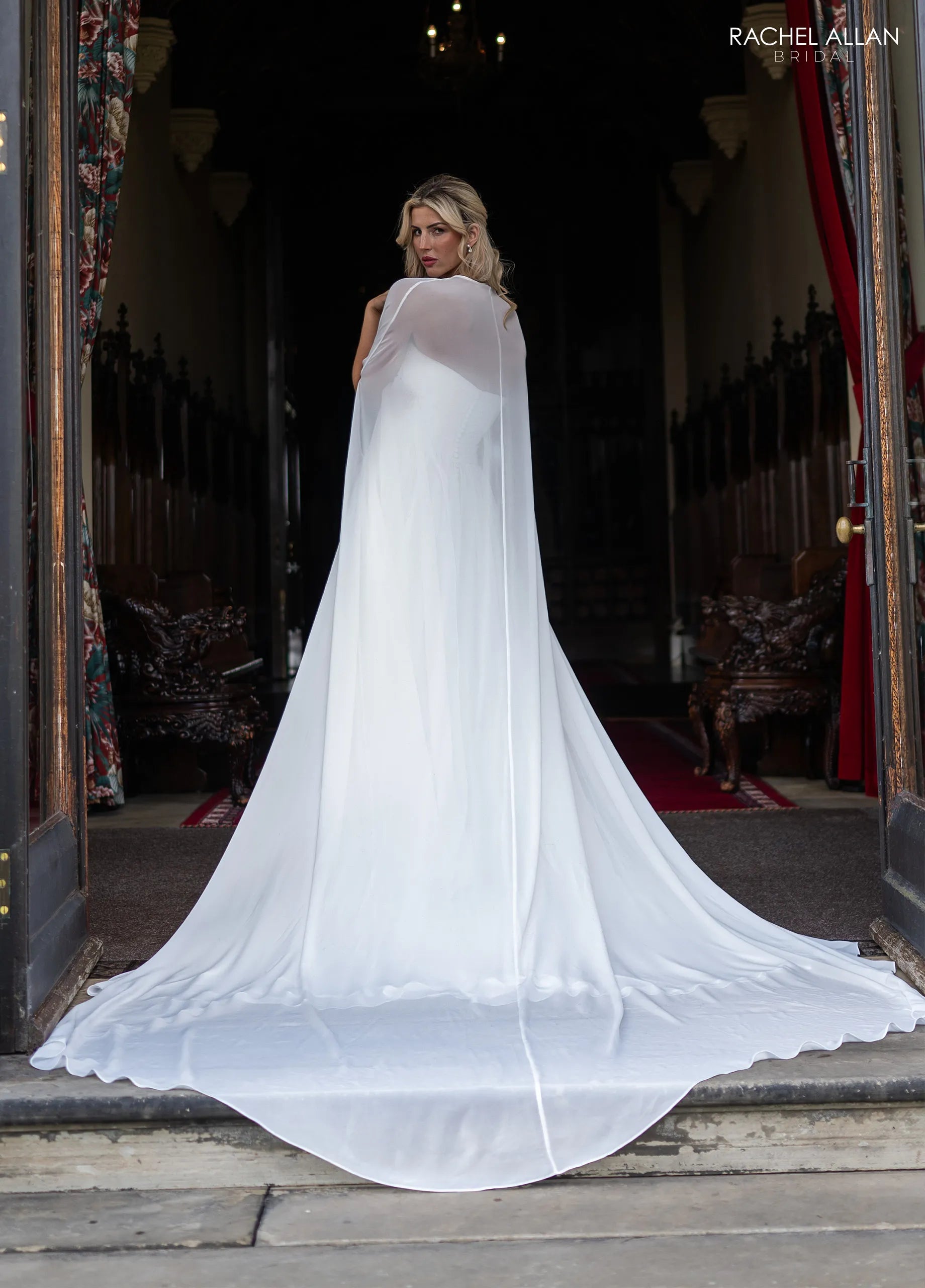 Ivory Sweetheart Floor-Length Chiffon Wedding Dress with Cape Train Rachel Allan RB5124