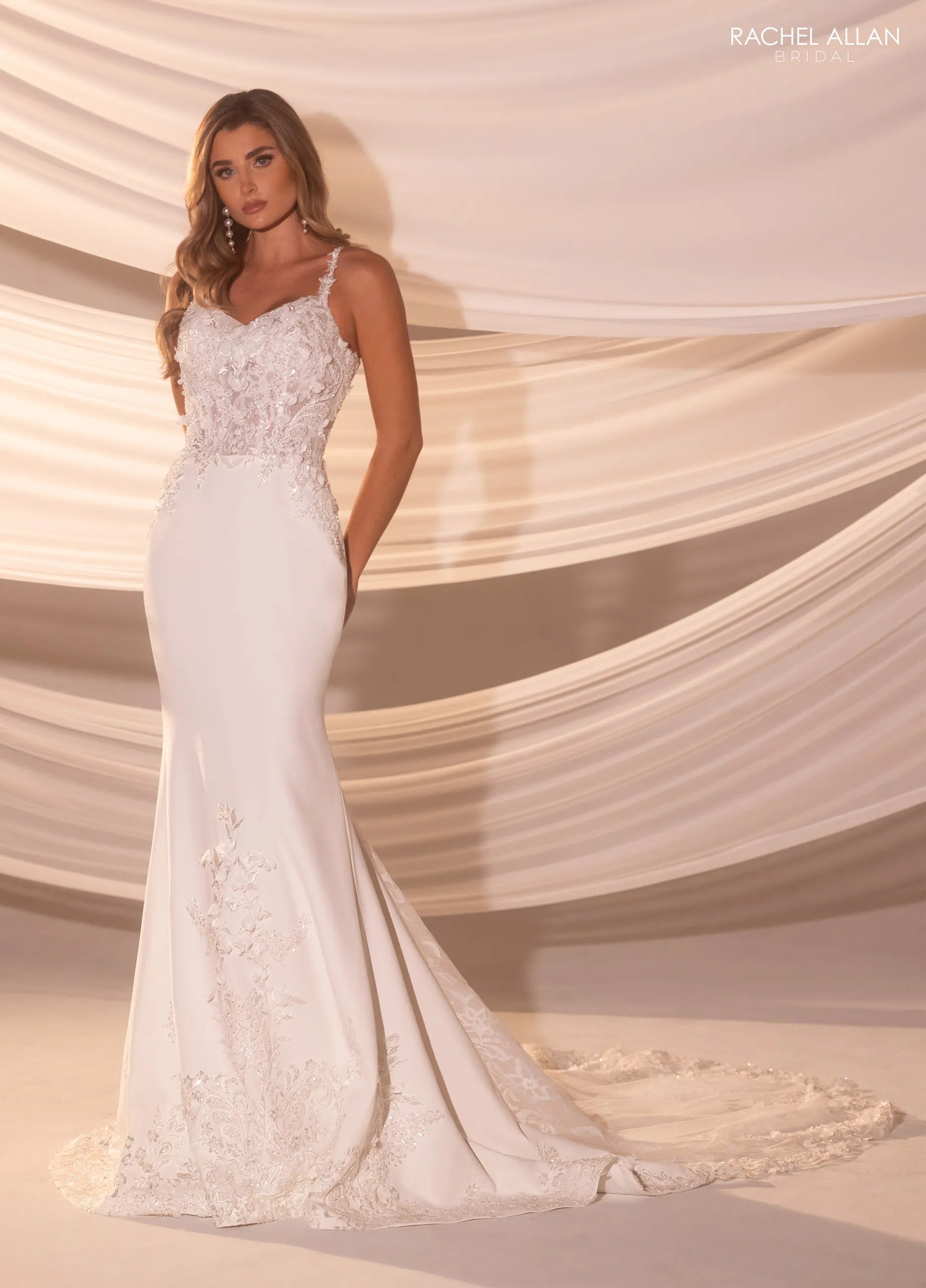 Ivory V-Neck Floor-Length Crepe Wedding Mermaid Gown with Lace Appliqué Rachel Allan RB5102