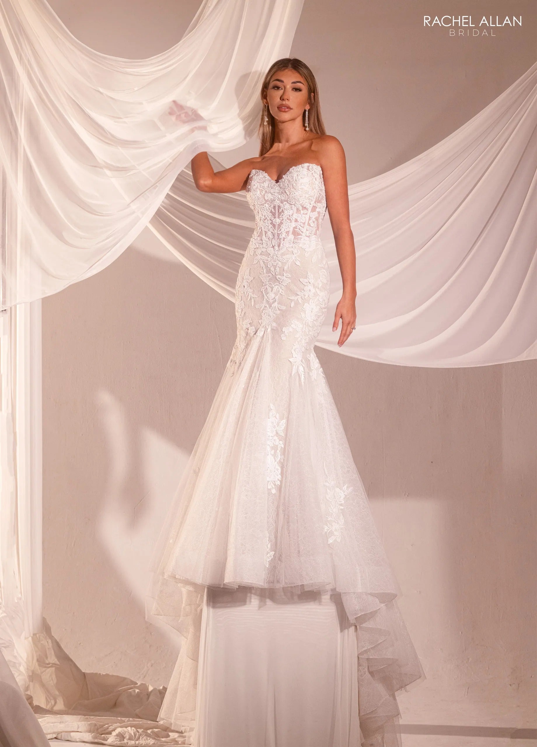 Ivory Sand Sweetheart Floor-Length Lace Tulle Wedding Mermaid Gown with Appliqué Rachel Allan RB5105